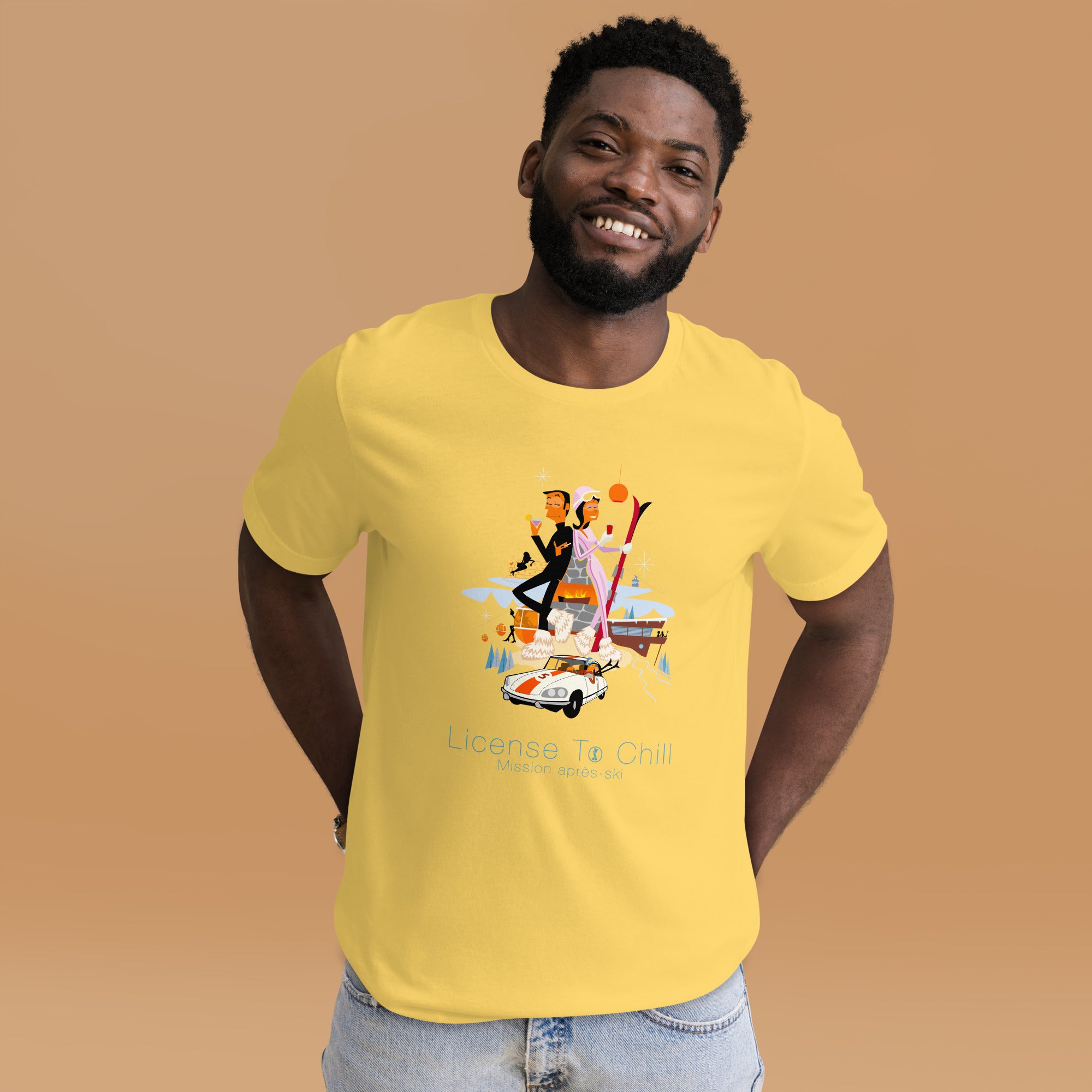 Unisex cotton t-shirt License to Chill Mission Après-Ski on bright colors