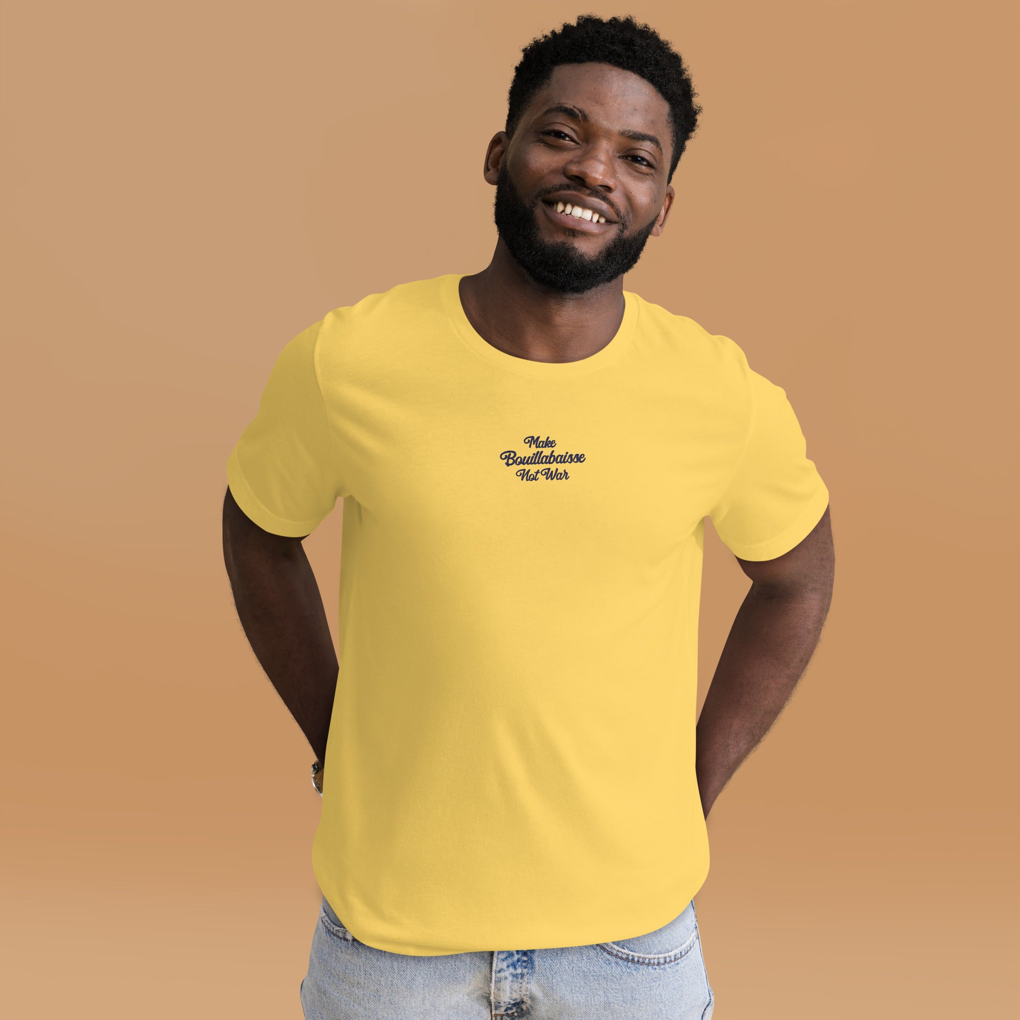Unisex t-shirt Make Bouillabaisse Not War Text Only navy on bright colors