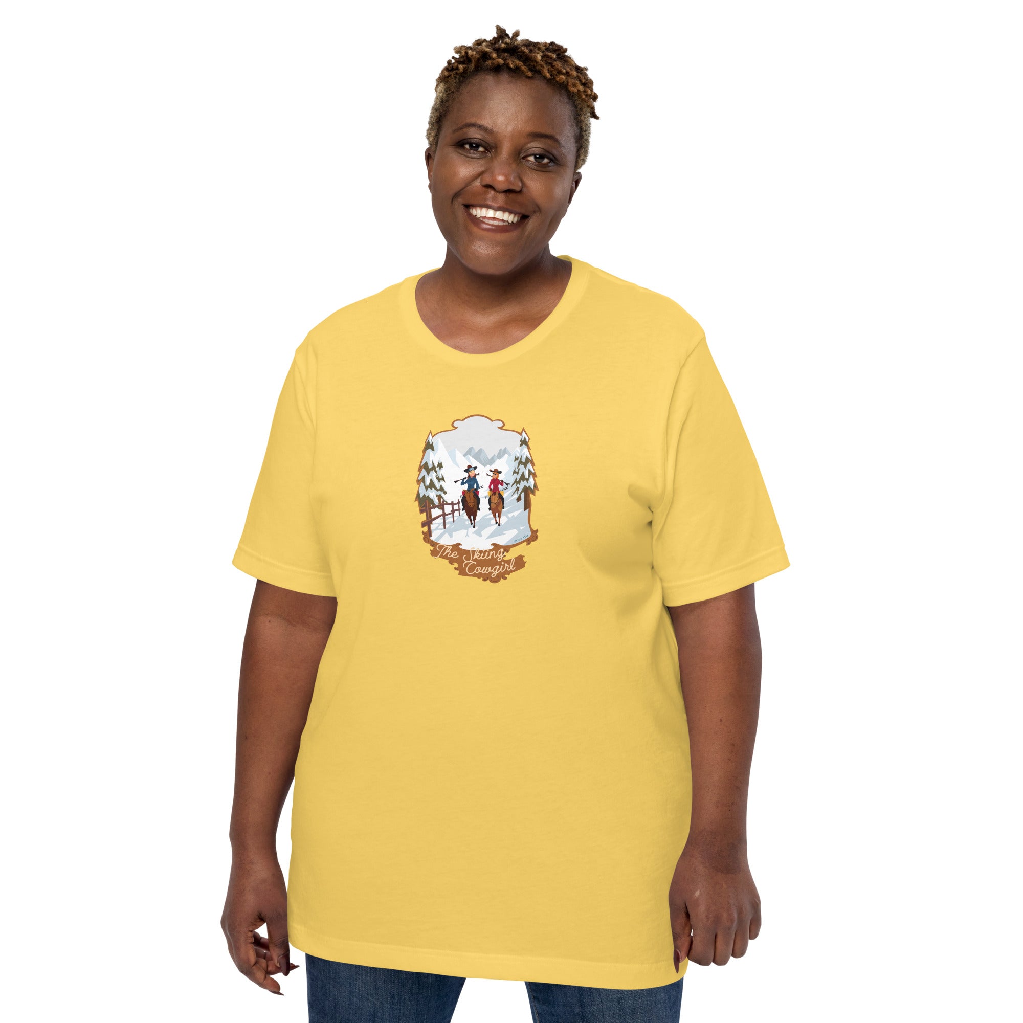 T-shirt en coton unisexe The Skiing Cowgirl sur couleurs vives