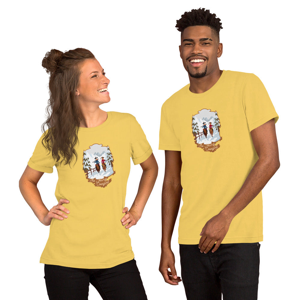 T-shirt en coton unisexe The Skiing Cowgirl sur couleurs vives