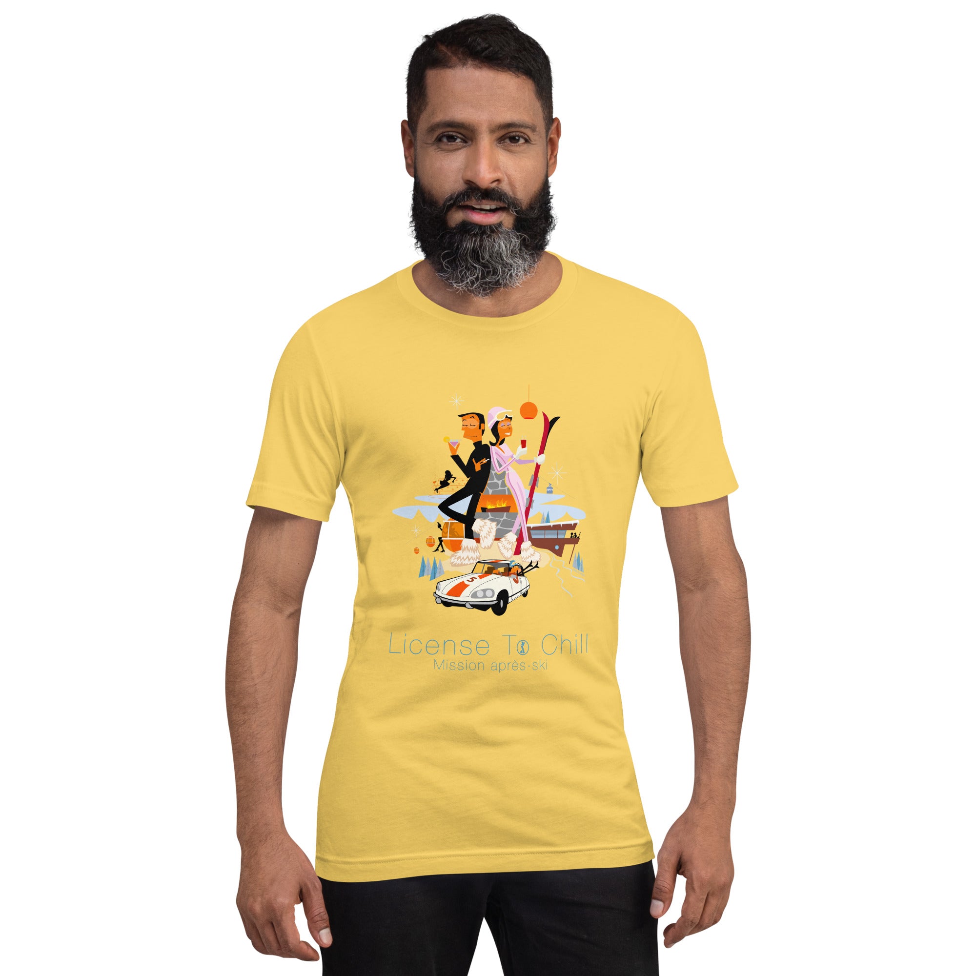 Unisex cotton t-shirt License to Chill Mission Après-Ski on bright colors