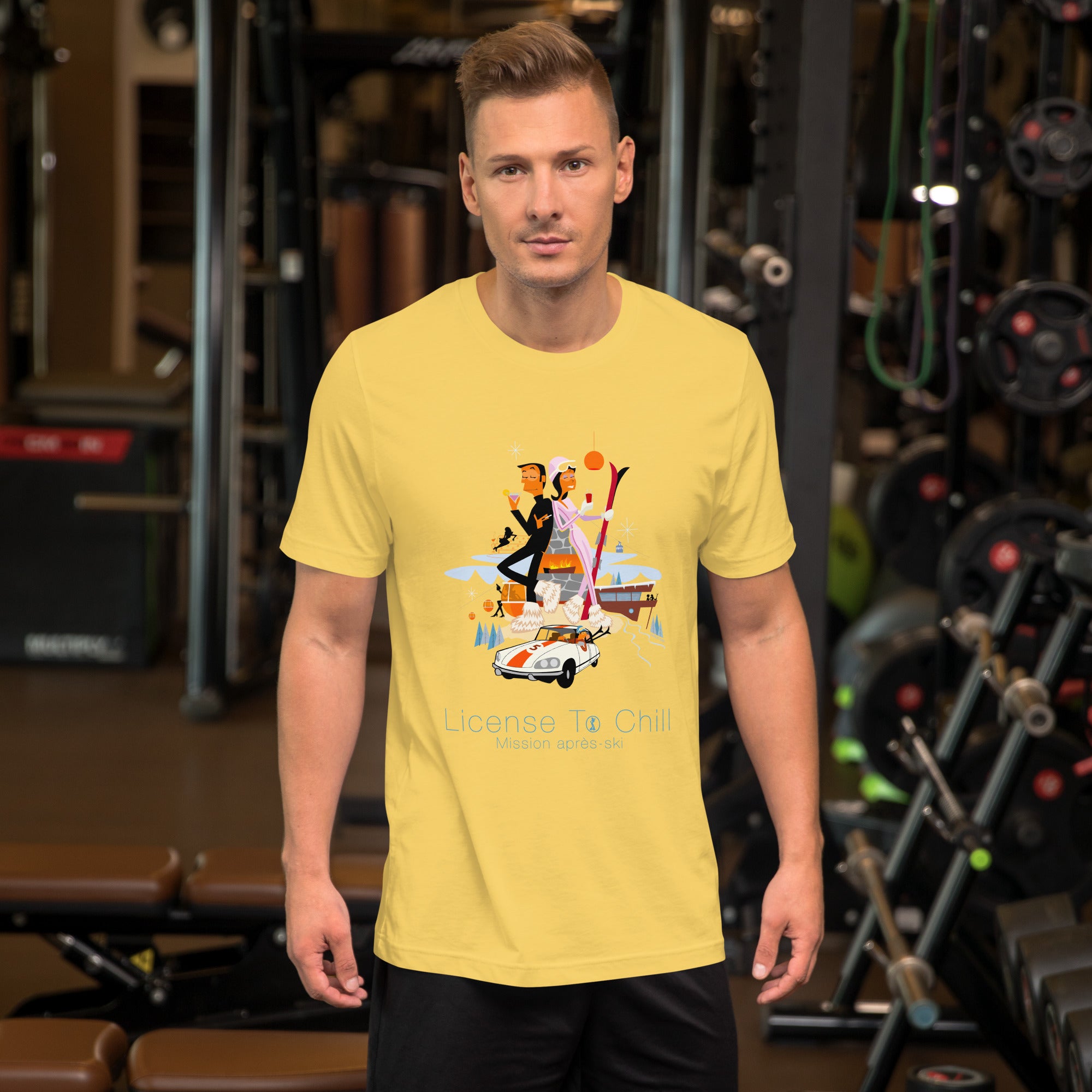 Unisex cotton t-shirt License to Chill Mission Après-Ski on bright colors