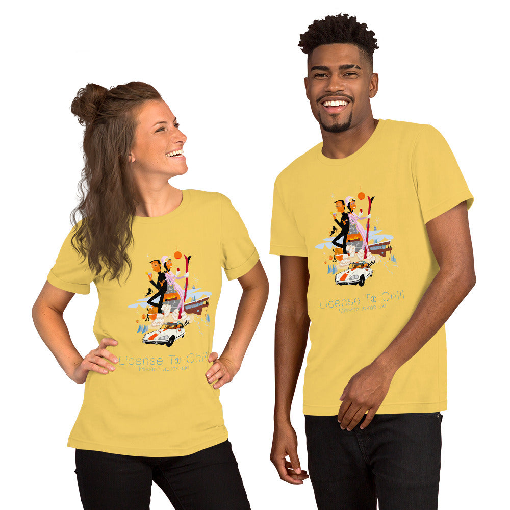 Unisex cotton t-shirt License to Chill Mission Après-Ski on bright colors
