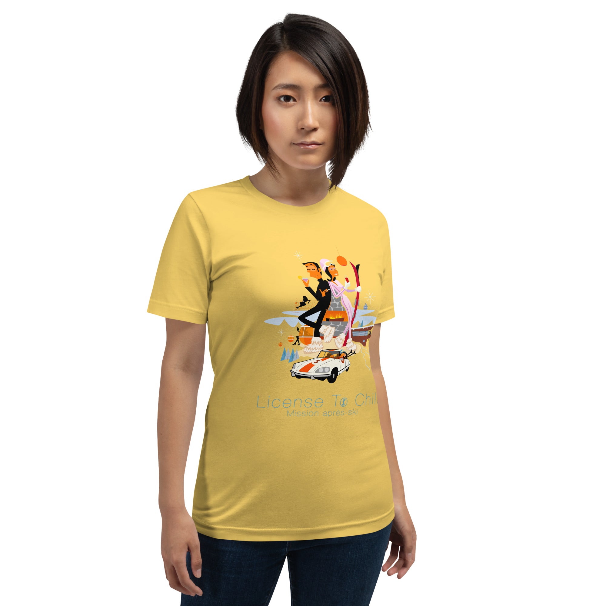 Unisex cotton t-shirt License to Chill Mission Après-Ski on bright colors