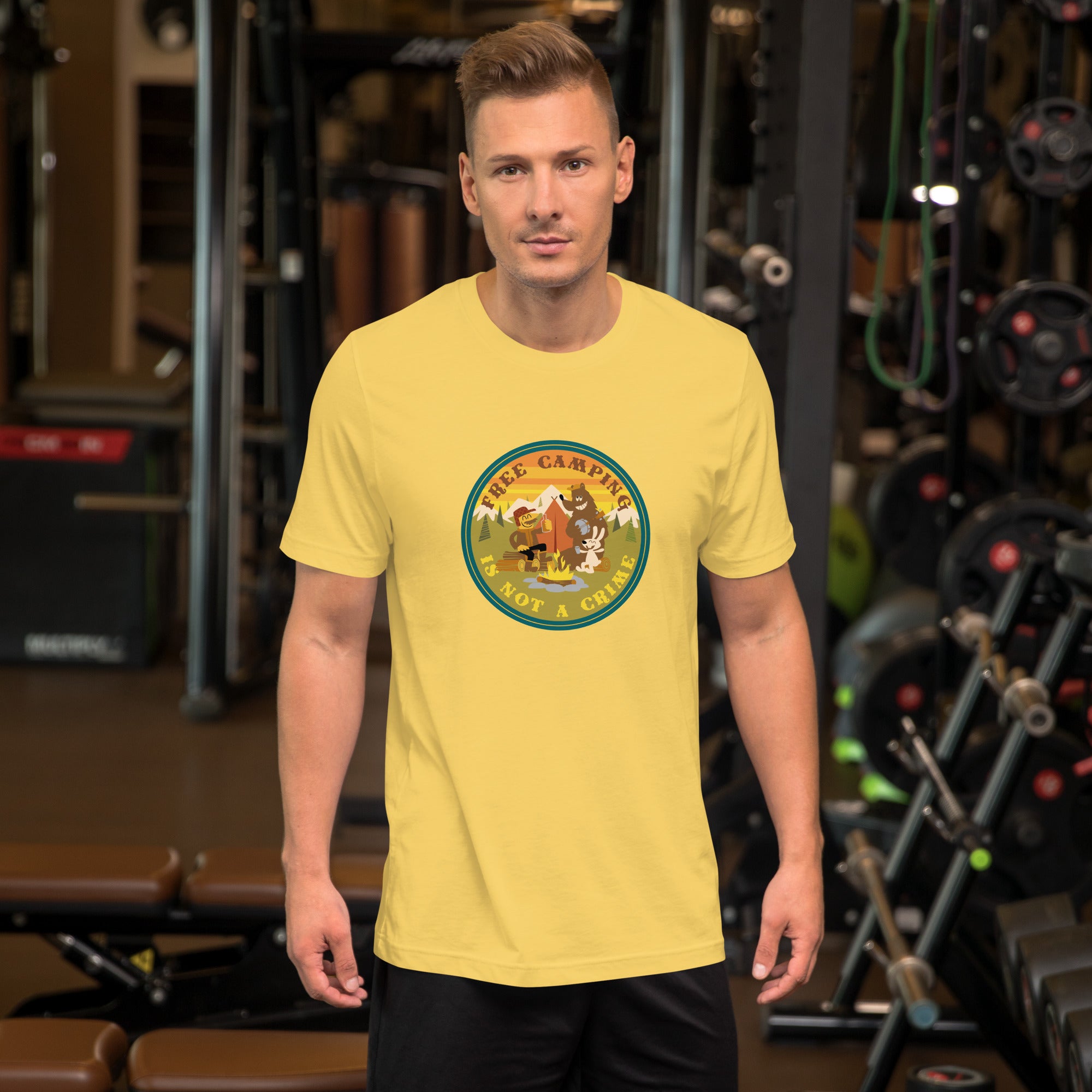 Unisex cotton t-shirt Free Camping is not a Crime on bright colors