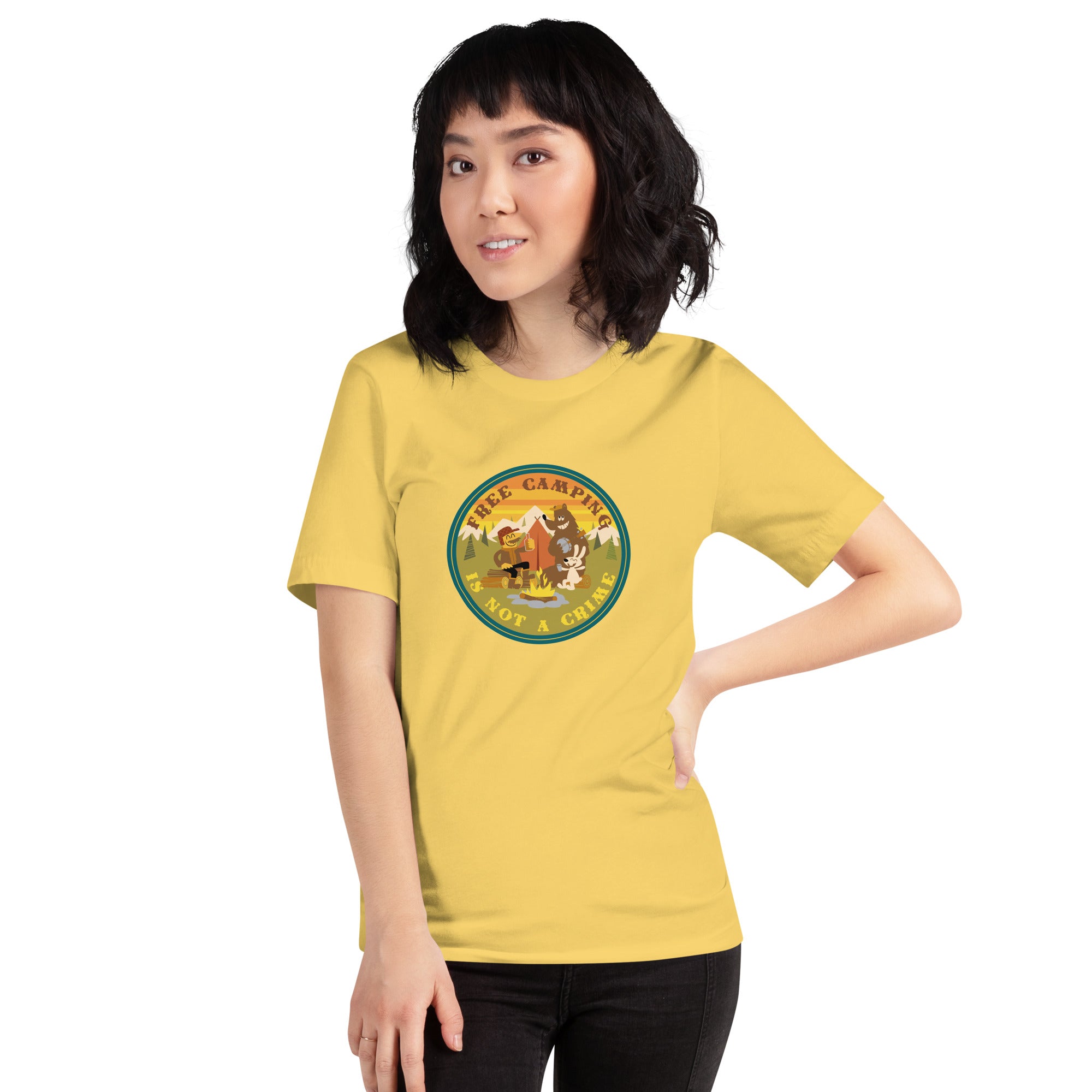 Unisex cotton t-shirt Free Camping is not a Crime on bright colors