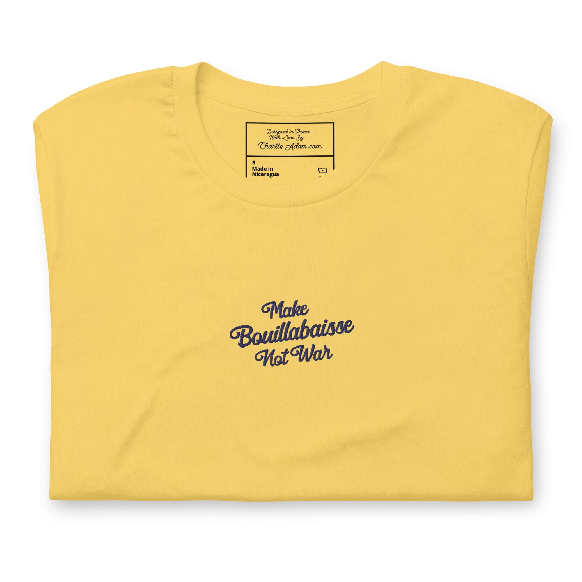 Unisex t-shirt Make Bouillabaisse Not War Text Only navy on bright colors