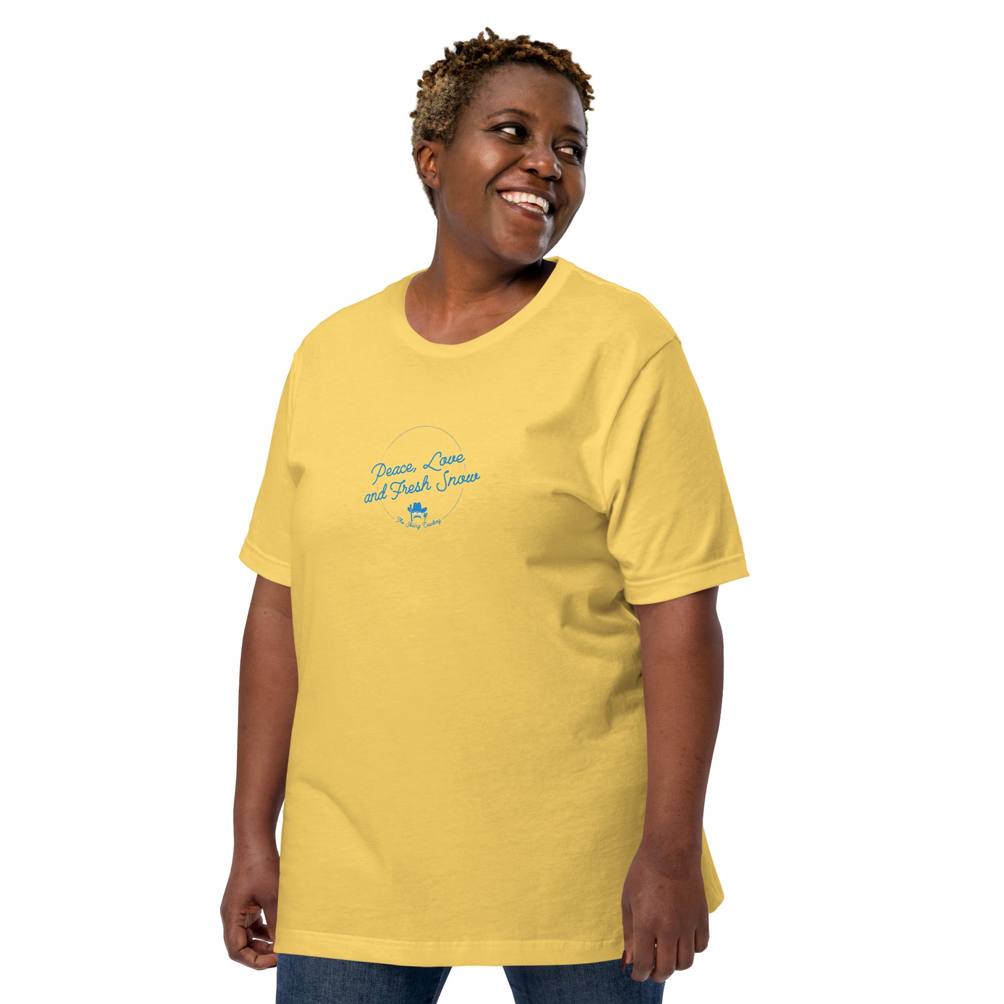 T-shirt en coton unisexe Peace, Love and Fresh Snow sur couleurs vives