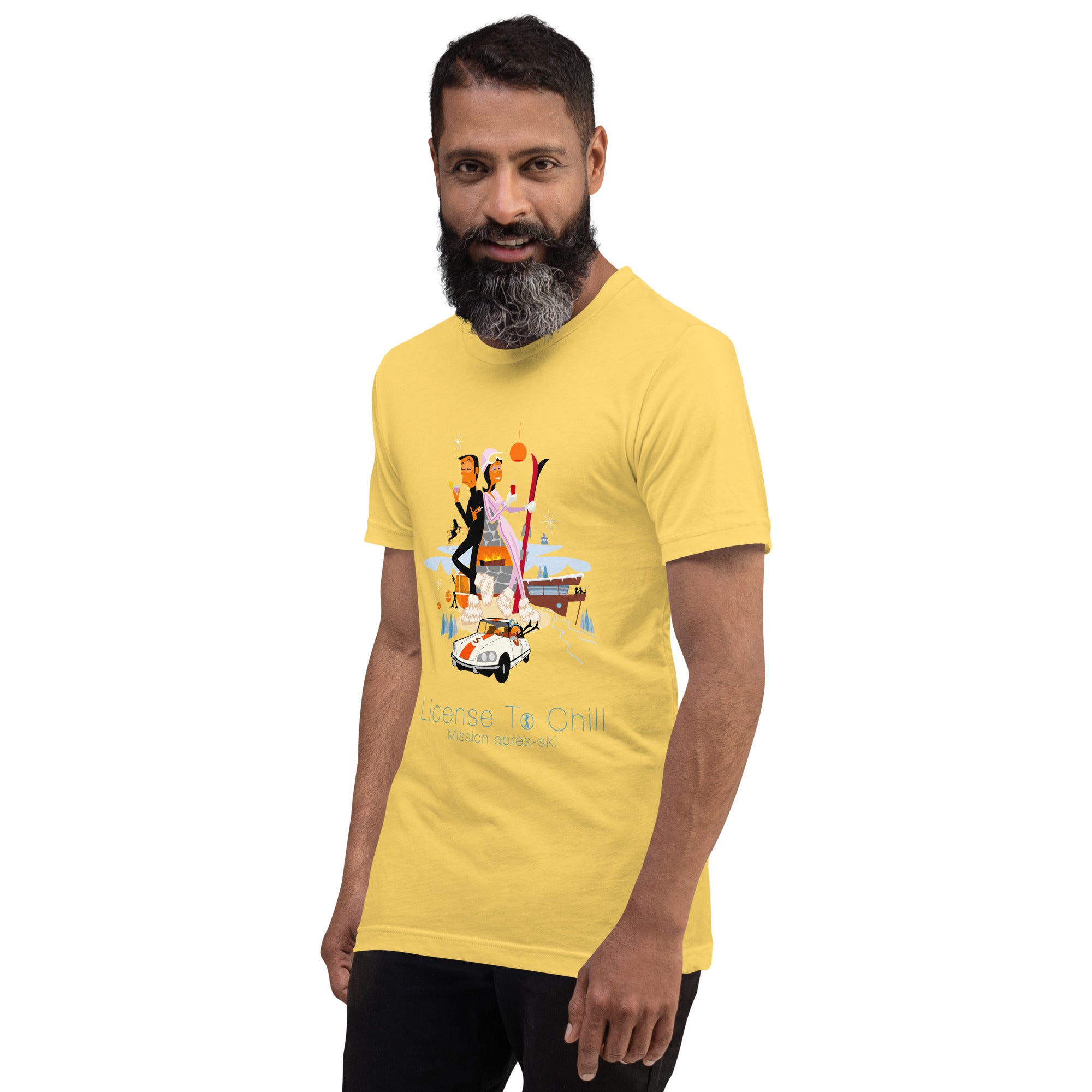 Unisex cotton t-shirt License to Chill Mission Après-Ski on bright colors