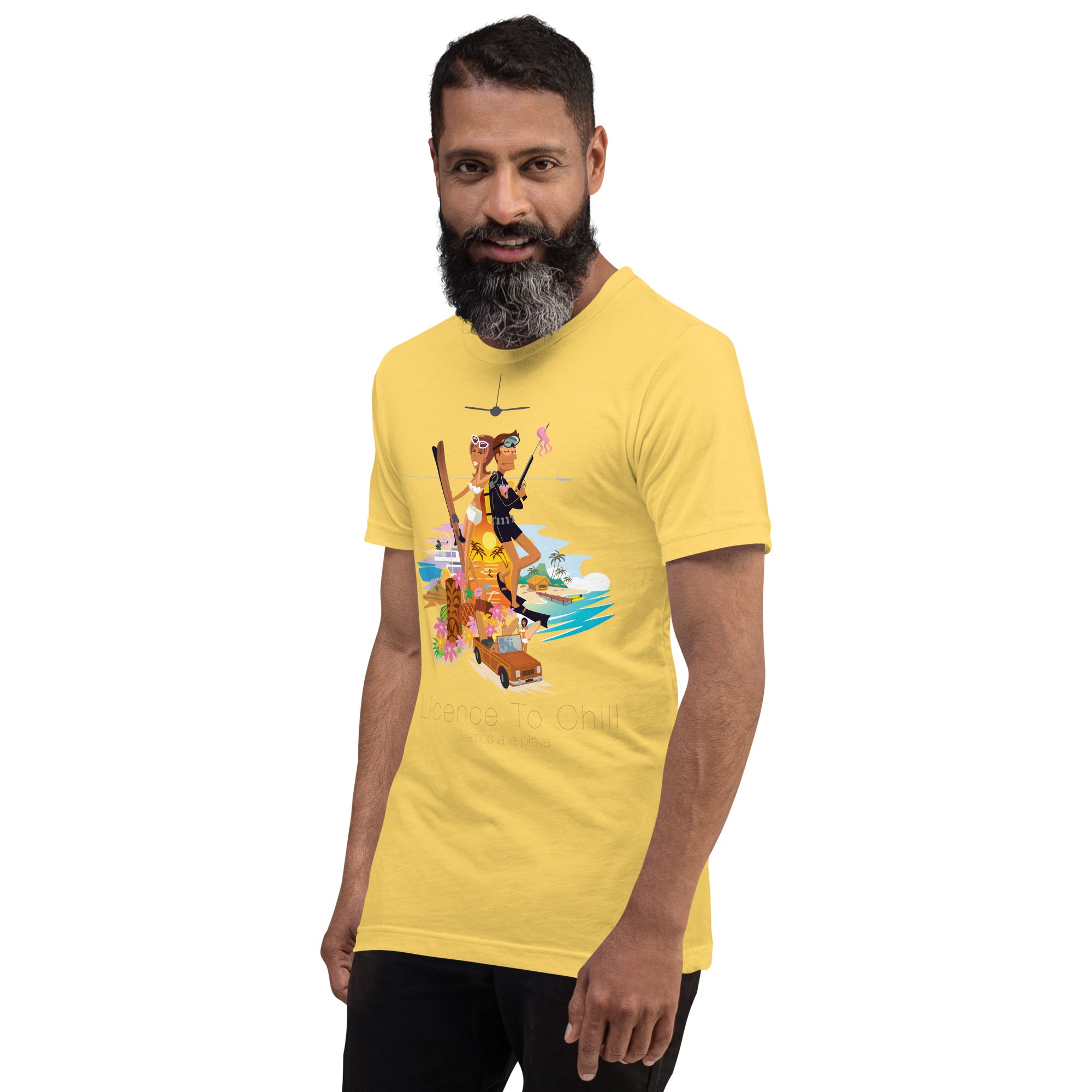 Unisex cotton t-shirt License to Chill Vamos a la Playa on bright colors