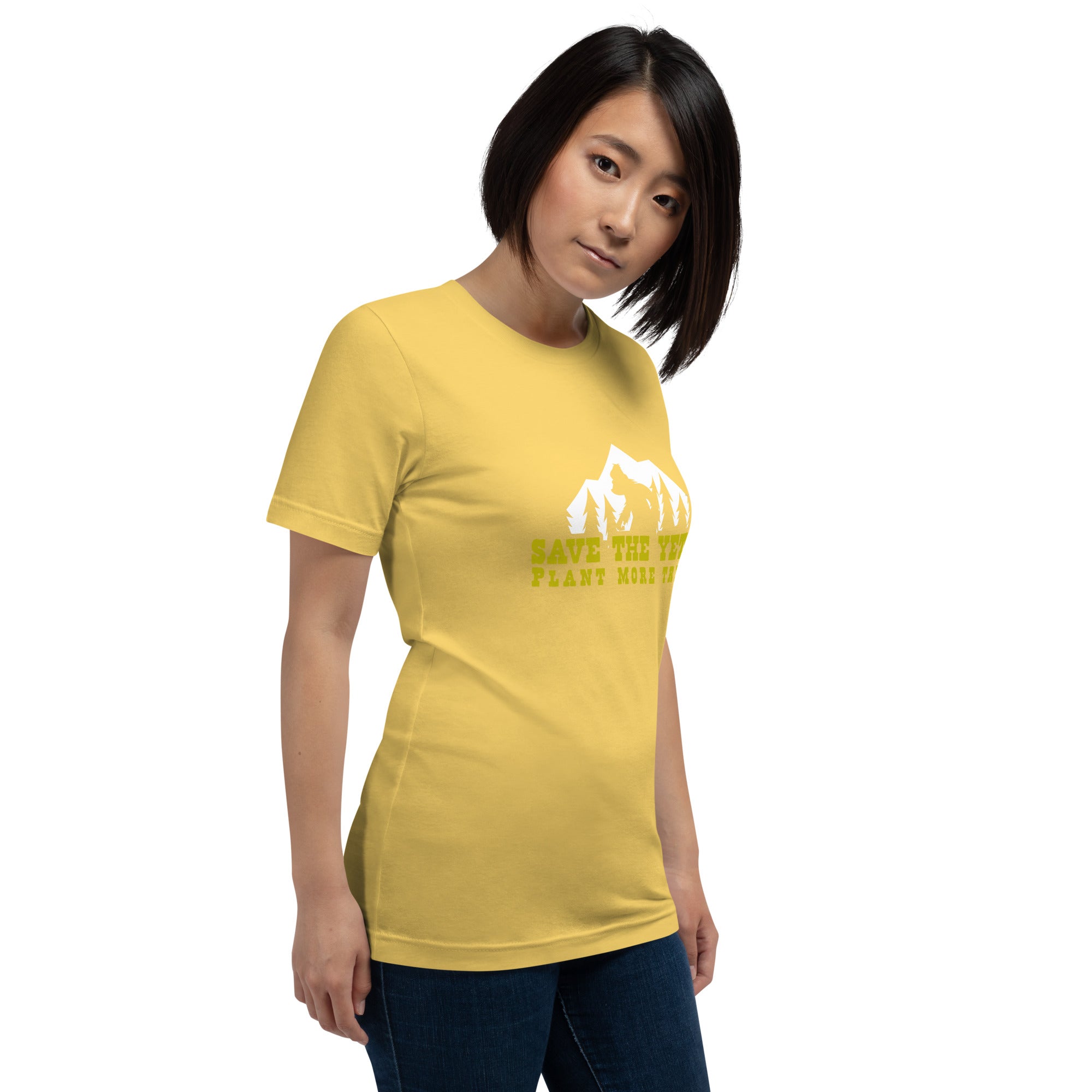 Unisex cotton t-shirt Save the Yetis Plant more Trees on bright colors (front & back)