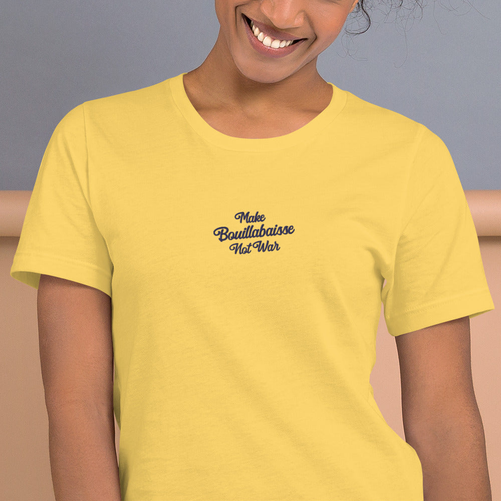 Unisex t-shirt Make Bouillabaisse Not War Text Only navy on bright colors