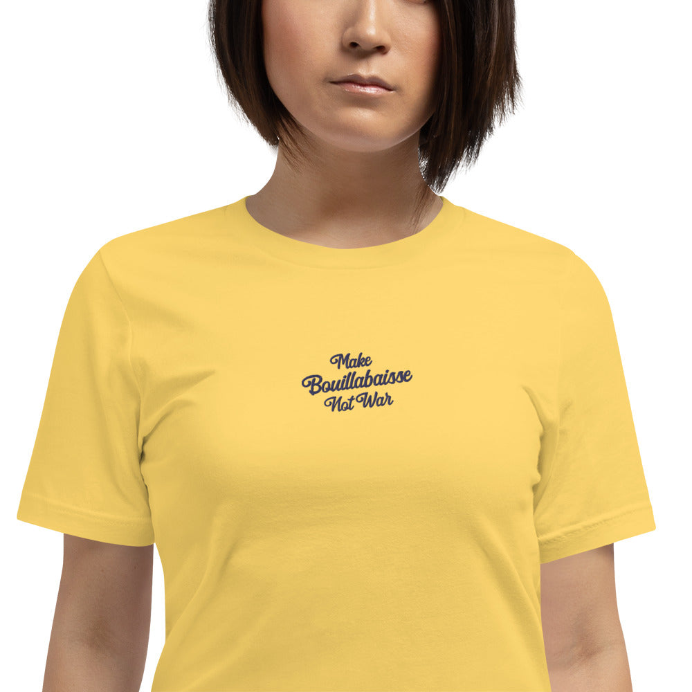 Unisex t-shirt Make Bouillabaisse Not War Text Only navy on bright colors