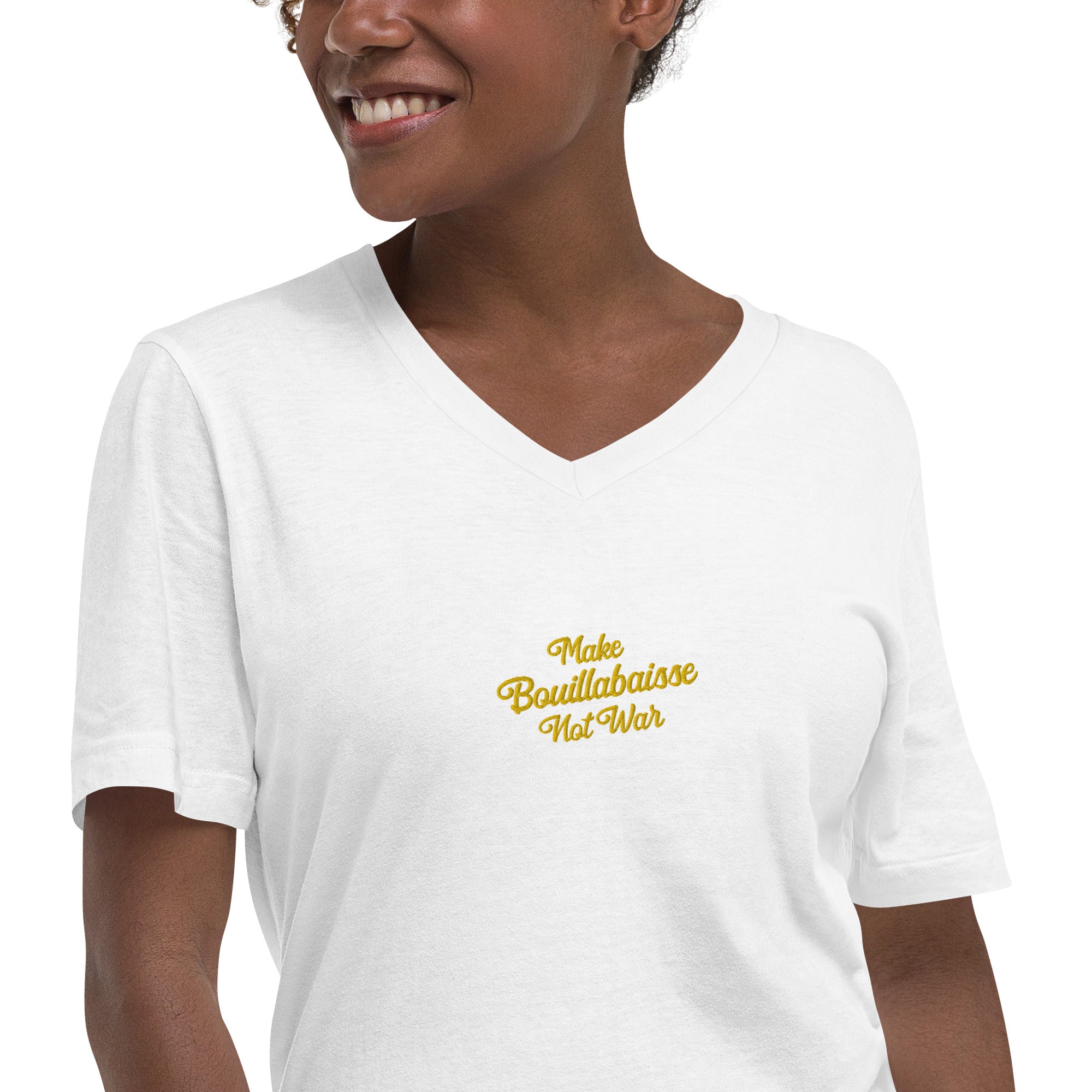 T-shirt unisexe Col V T-Shirt Make Bouillabaisse Not War brodé