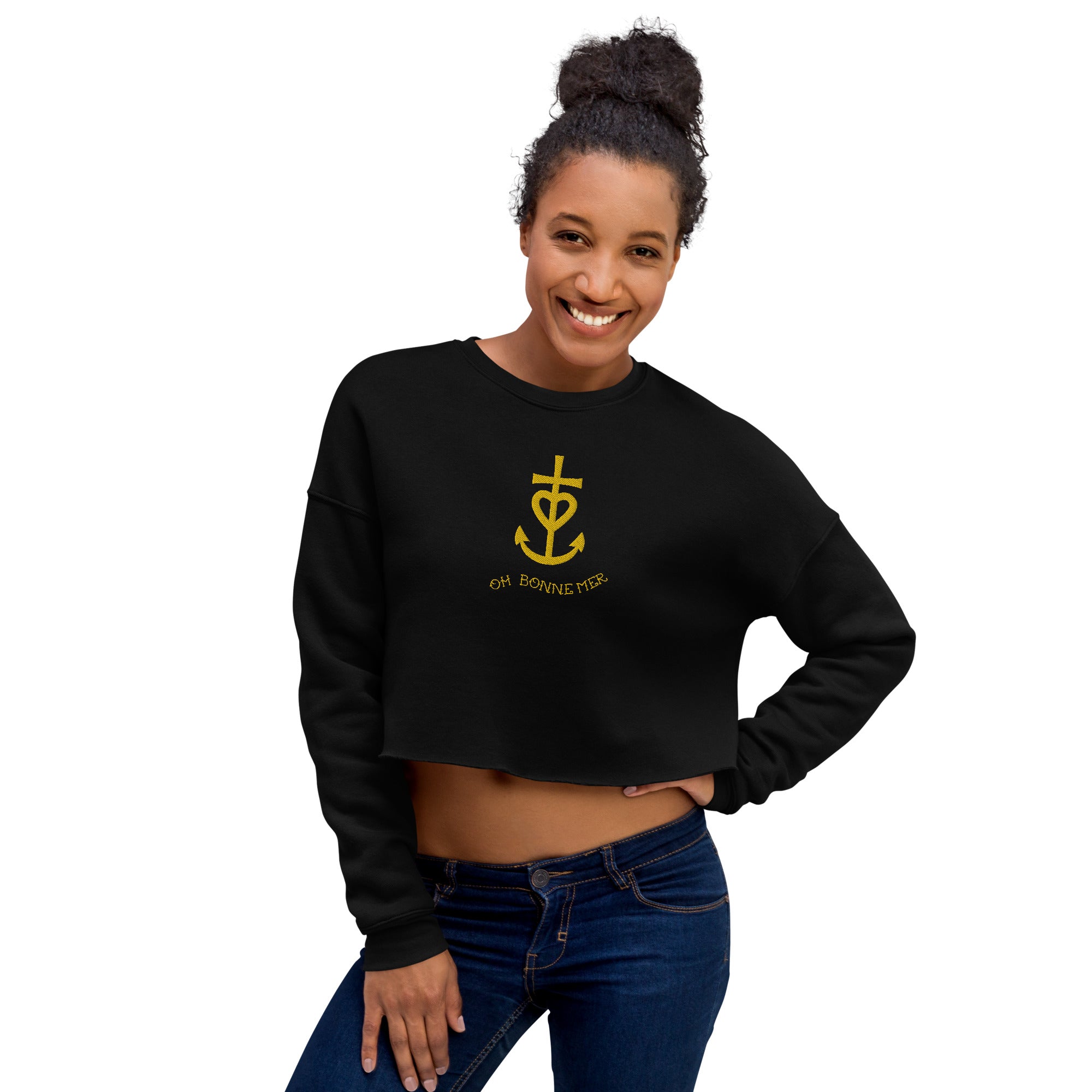 Sweat-Shirt Crop-Top Croix de Camargue dorée avec texte Oh Bonne mer grand motif brodé