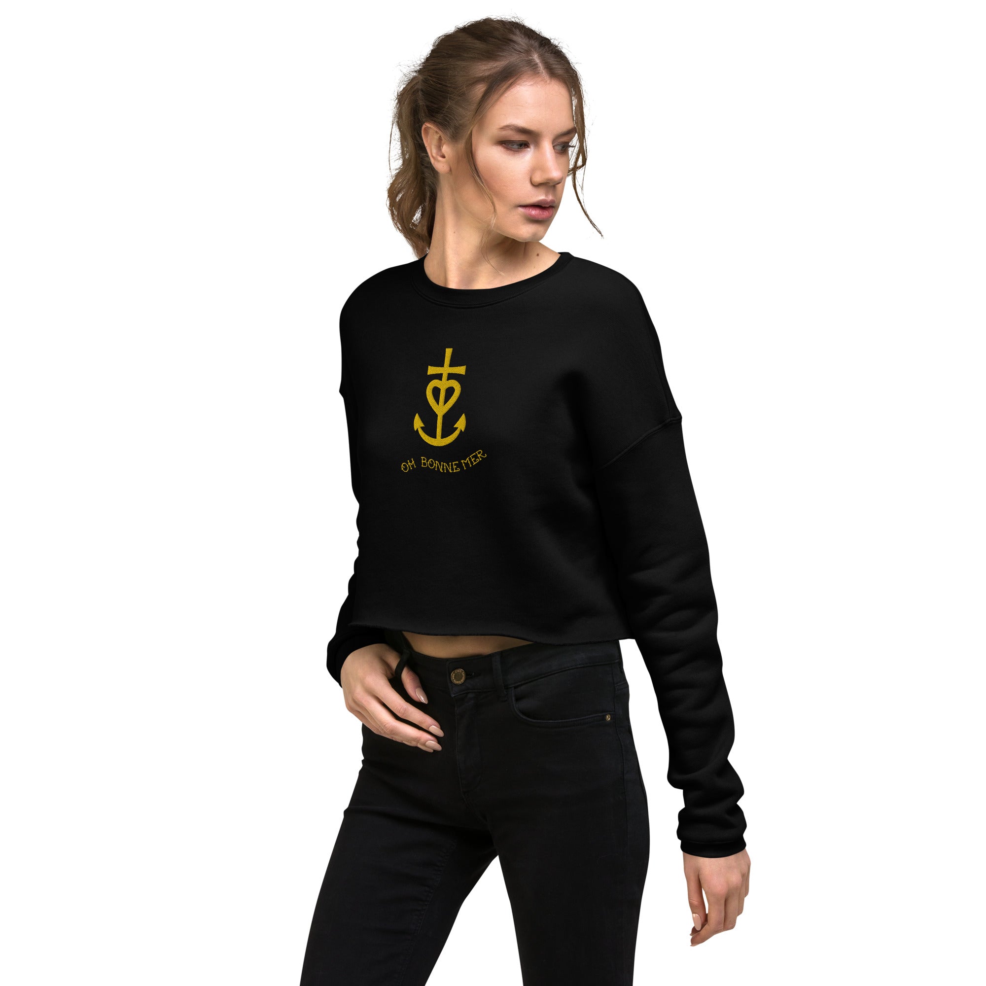 Sweat-Shirt Crop-Top Croix de Camargue dorée avec texte Oh Bonne mer grand motif brodé