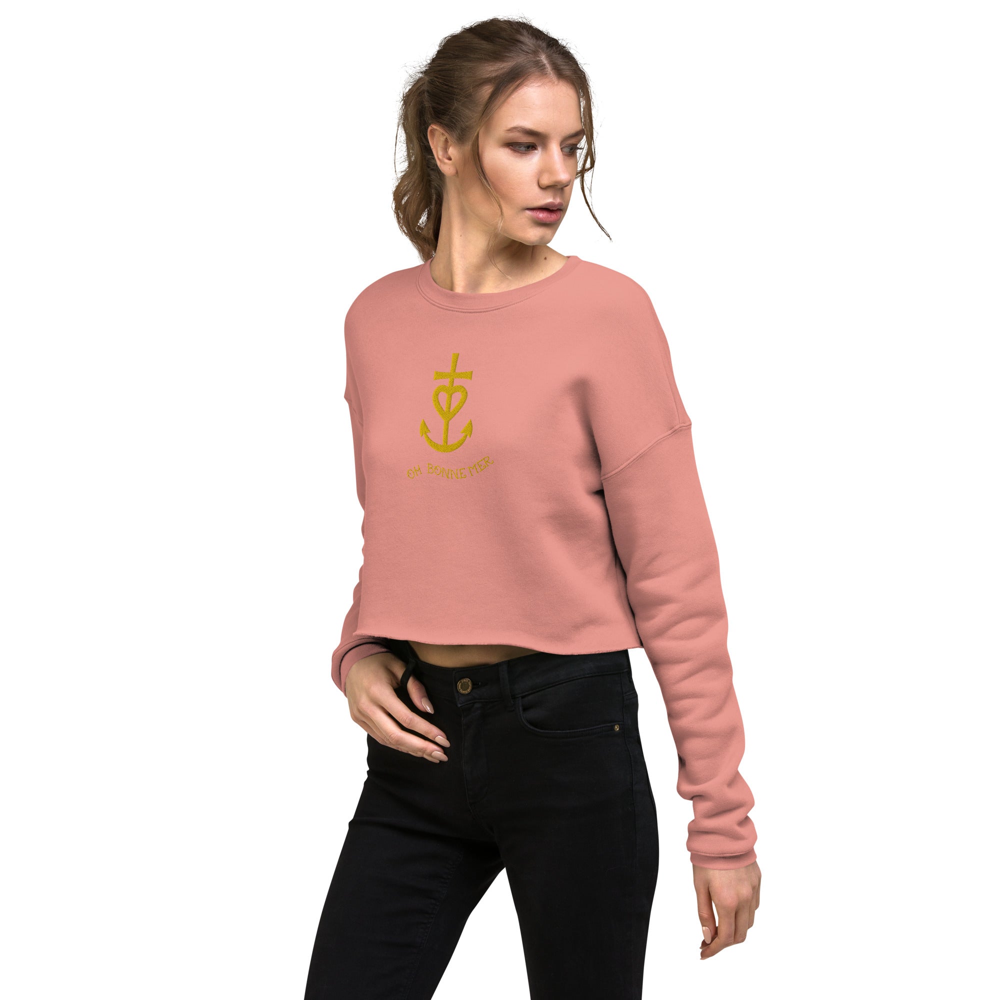 Sweat-Shirt Crop-Top Croix de Camargue dorée avec texte Oh Bonne mer grand motif brodé
