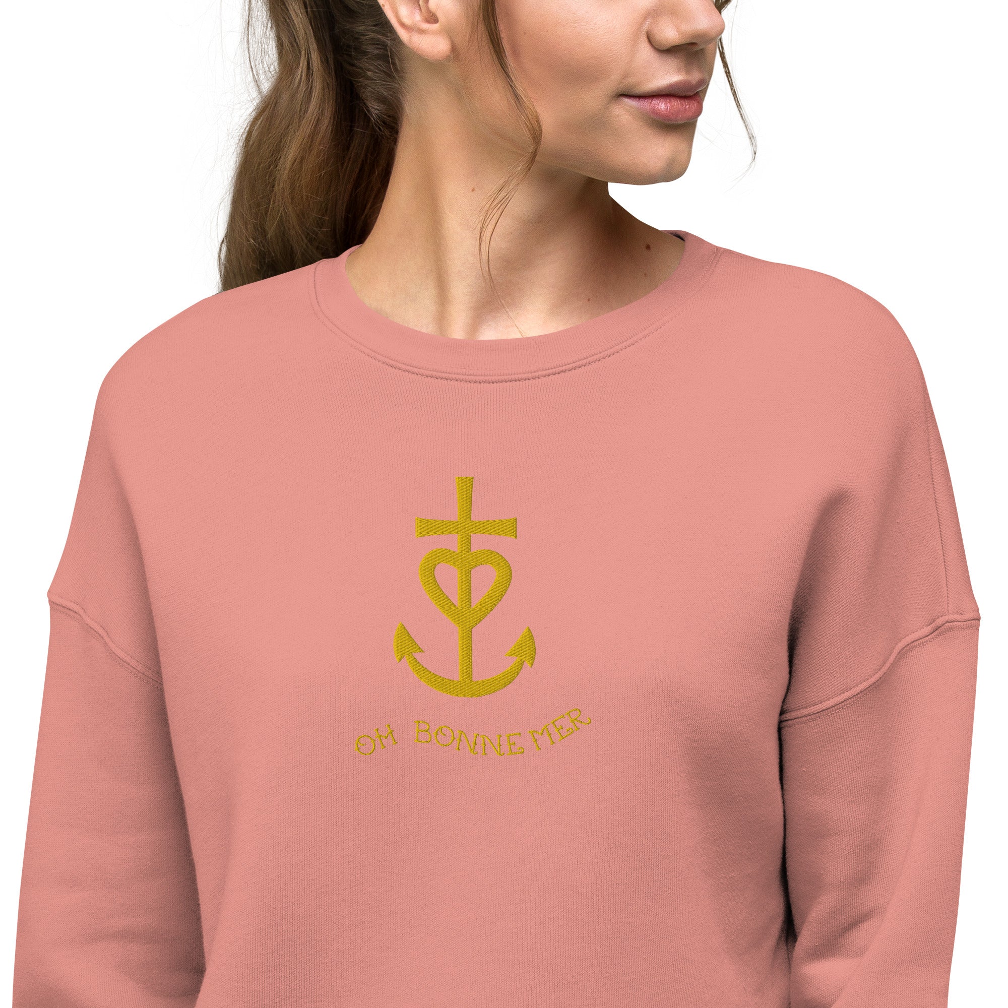 Sweat-Shirt Crop-Top Croix de Camargue dorée avec texte Oh Bonne mer grand motif brodé