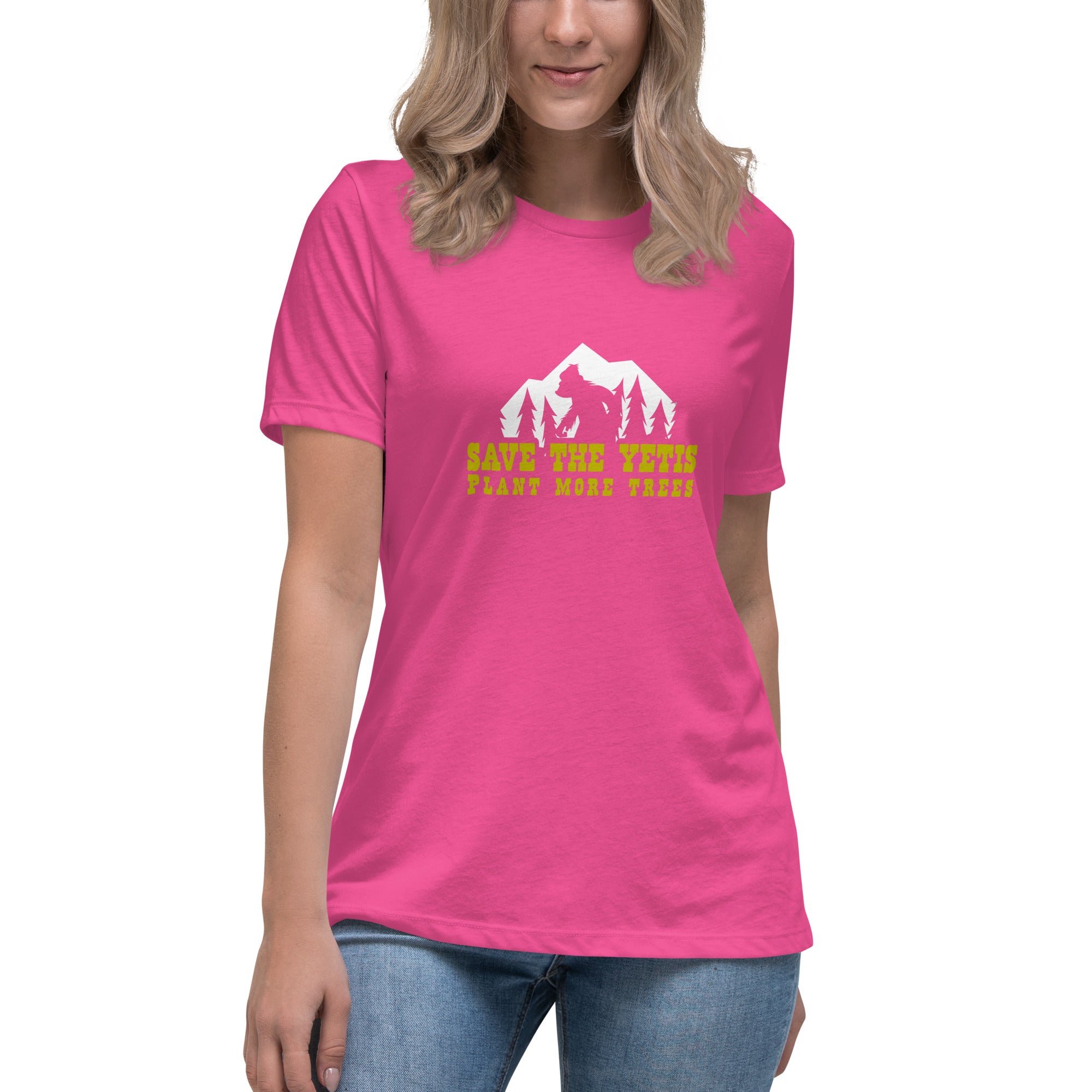 Women's Relaxed T-Shirt Save the Yetis Plant more Trees on bright colors