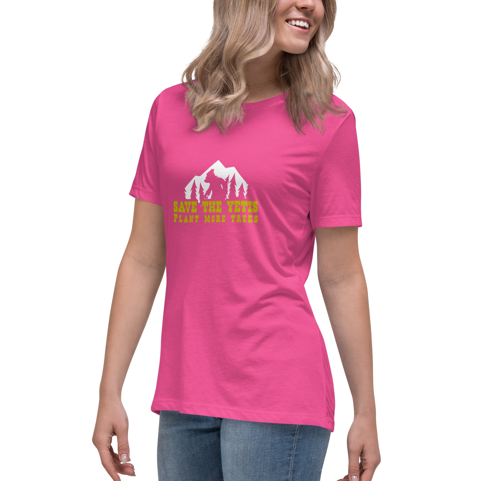 Women's Relaxed T-Shirt Save the Yetis Plant more Trees on bright colors