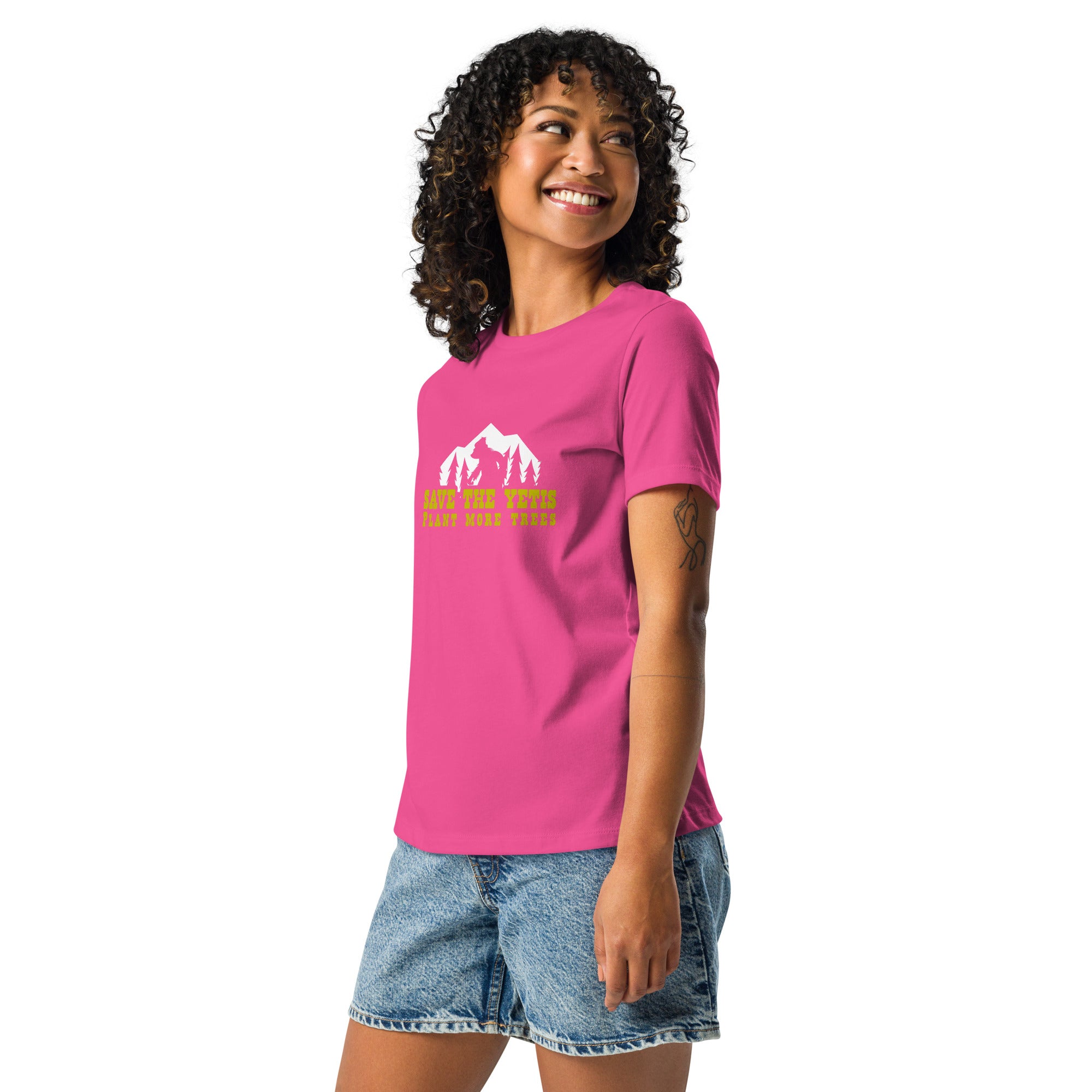 Women's Relaxed T-Shirt Save the Yetis Plant more Trees on bright colors