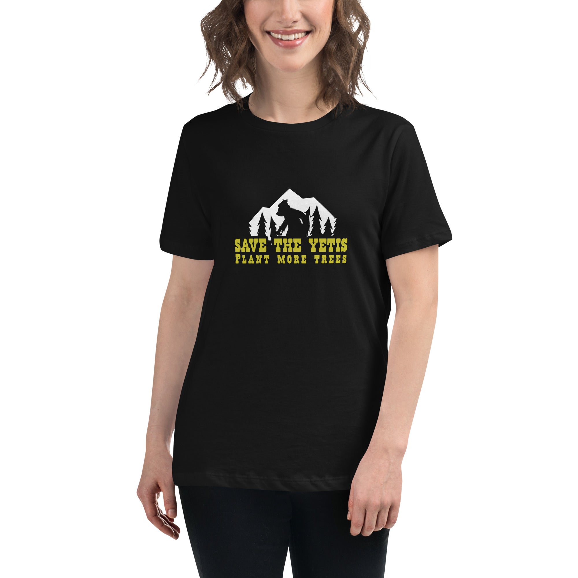 T-shirt décontracté pour femme Save the Yetis Plant more Trees sur couleurs foncées