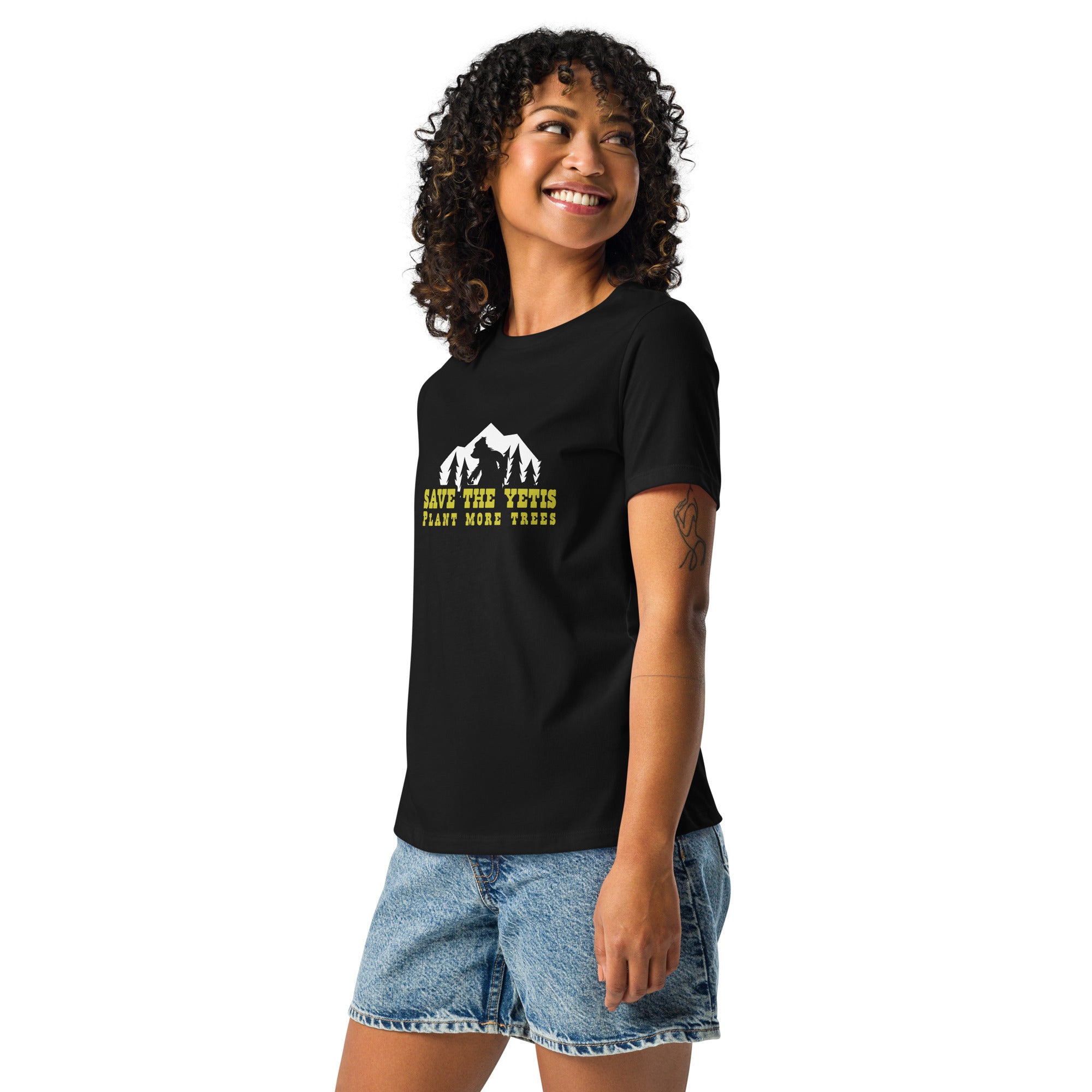T-shirt décontracté pour femme Save the Yetis Plant more Trees sur couleurs foncées