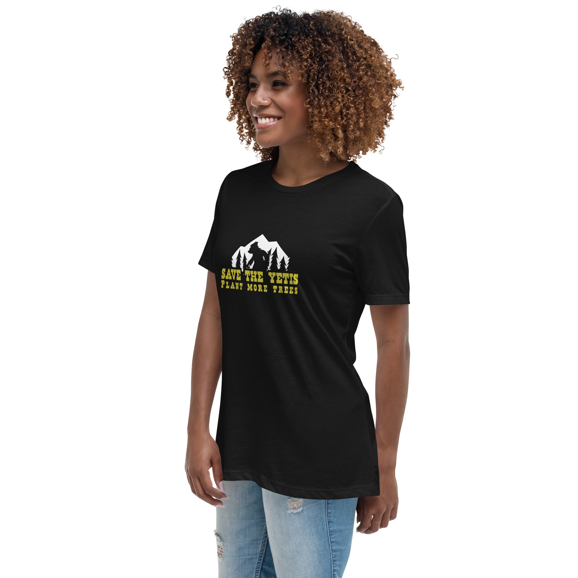 T-shirt décontracté pour femme Save the Yetis Plant more Trees sur couleurs foncées