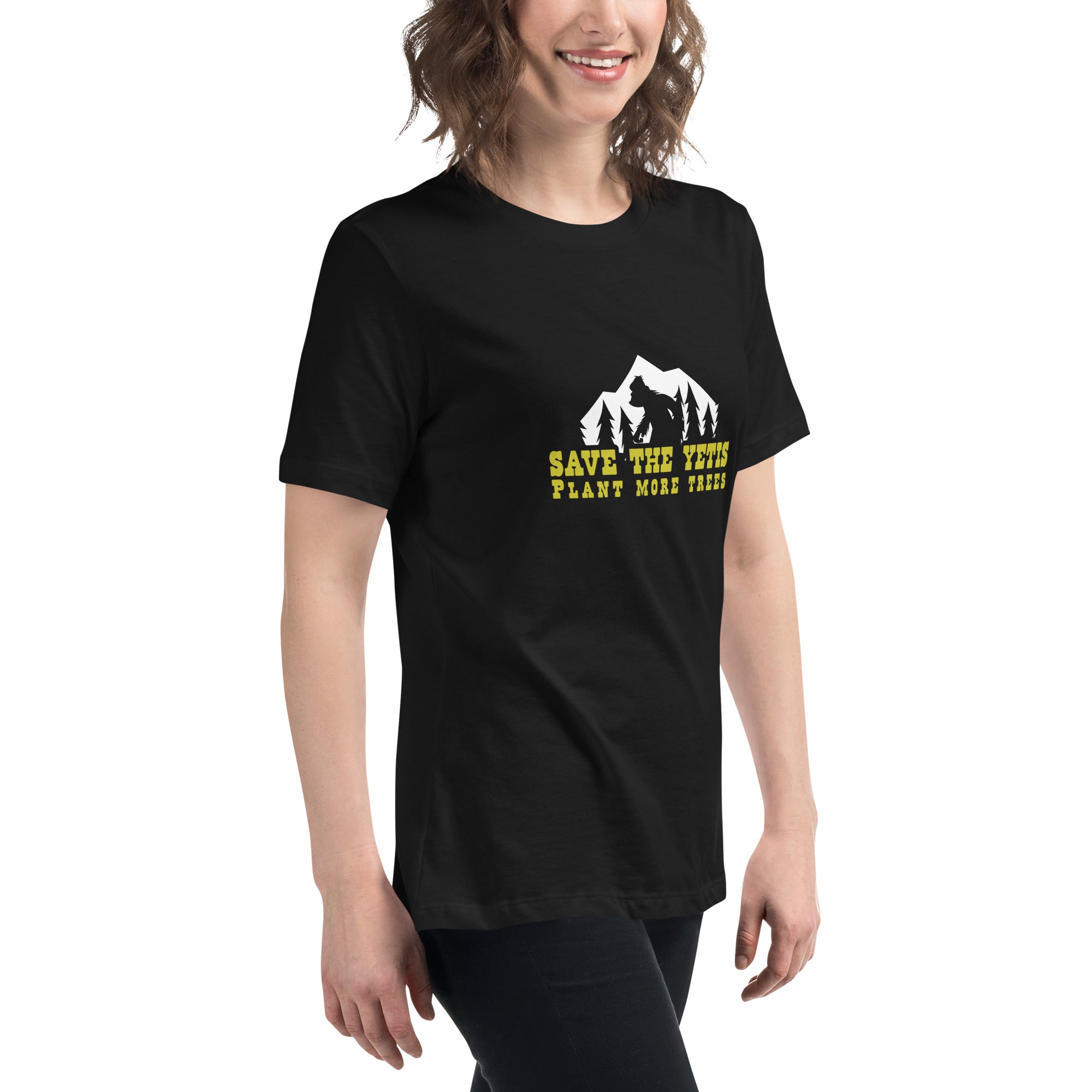 T-shirt décontracté pour femme Save the Yetis Plant more Trees sur couleurs foncées