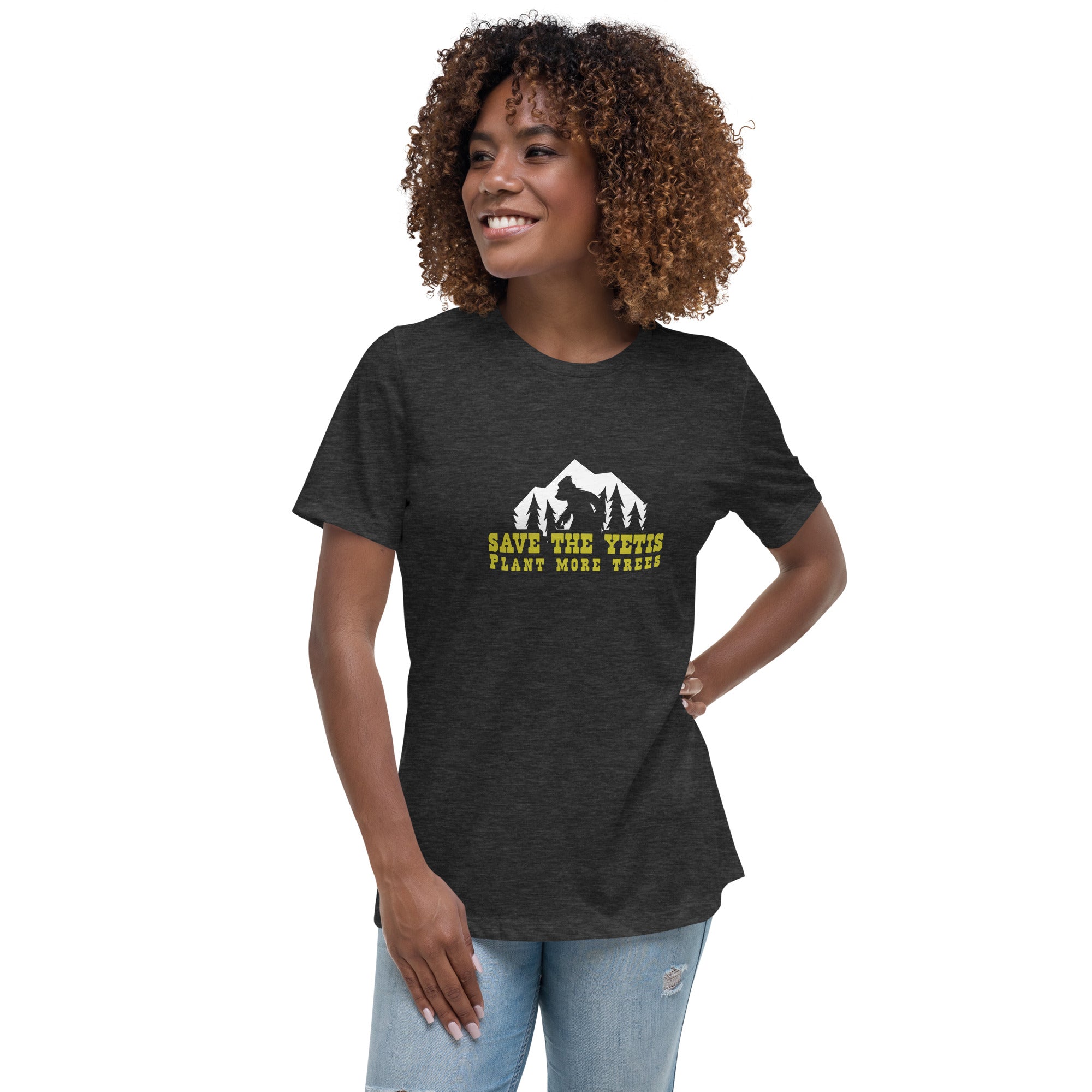 T-shirt décontracté pour femme Save the Yetis Plant more Trees sur couleurs foncées