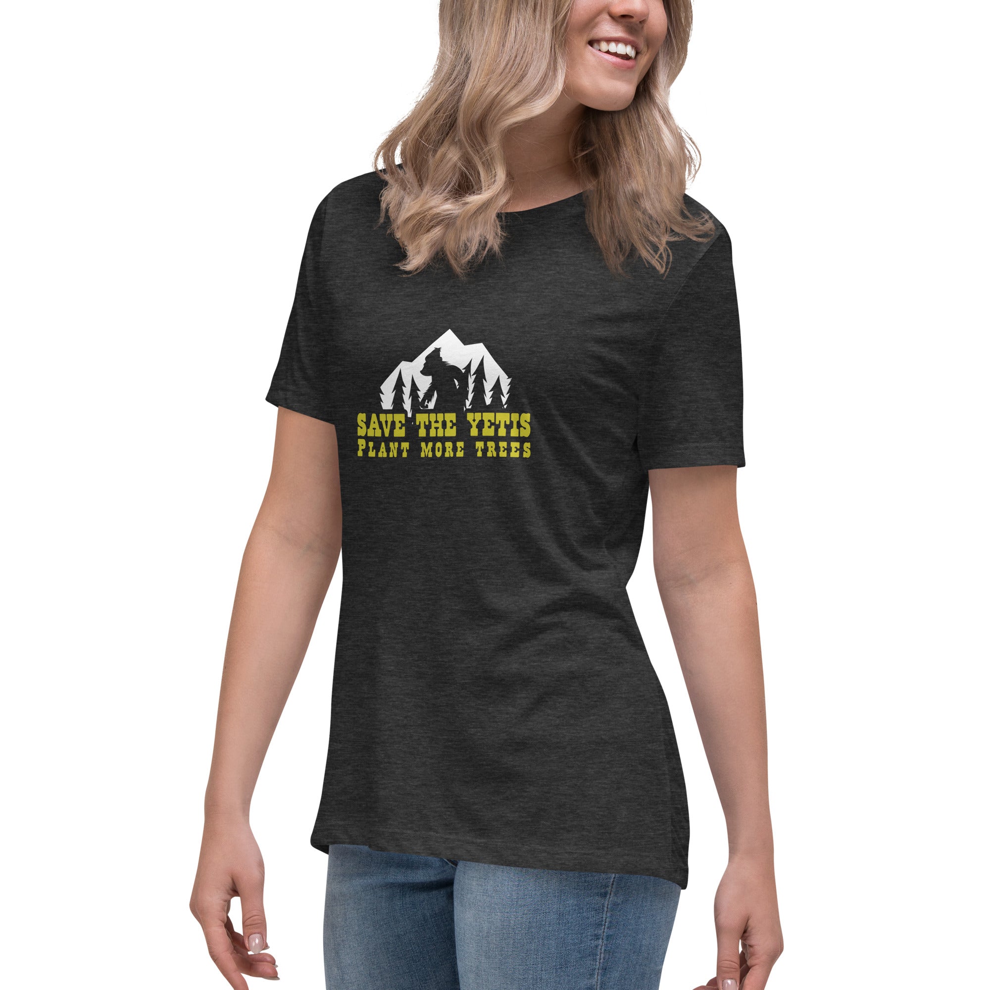 T-shirt décontracté pour femme Save the Yetis Plant more Trees sur couleurs foncées