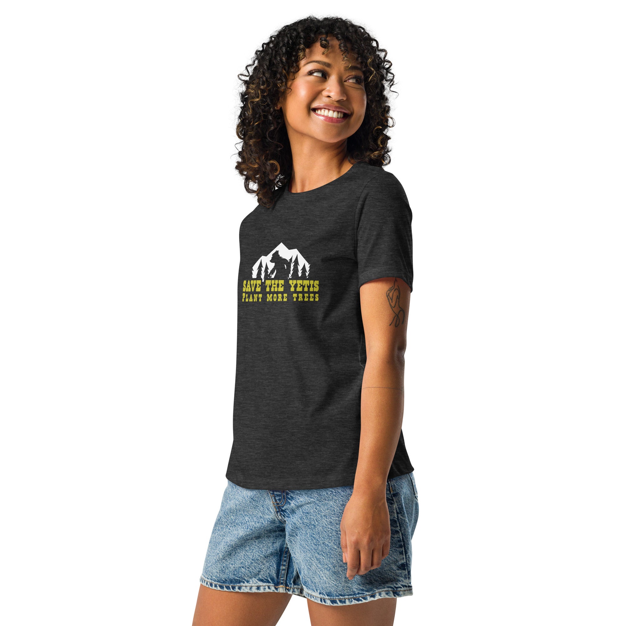 T-shirt décontracté pour femme Save the Yetis Plant more Trees sur couleurs foncées
