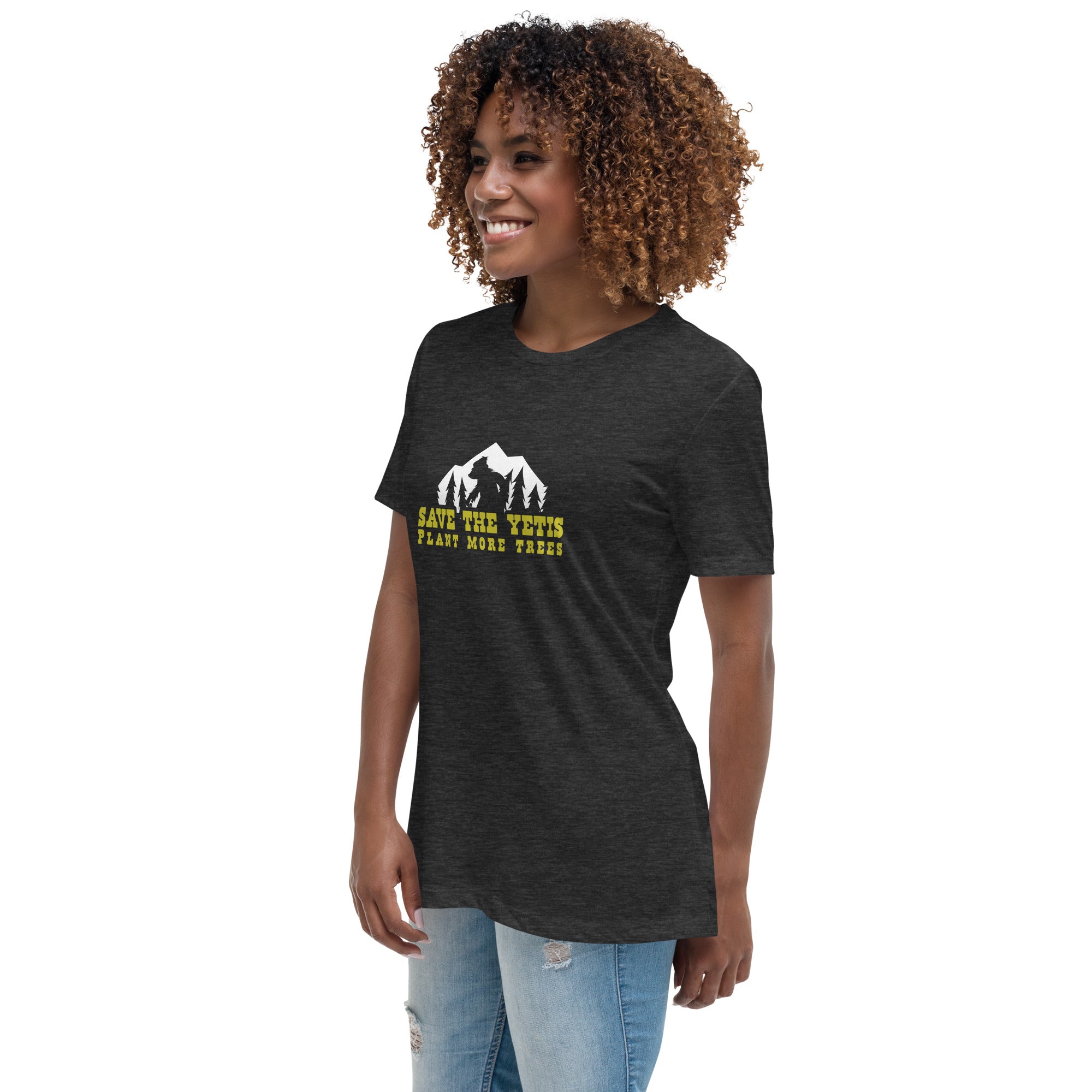 T-shirt décontracté pour femme Save the Yetis Plant more Trees sur couleurs foncées