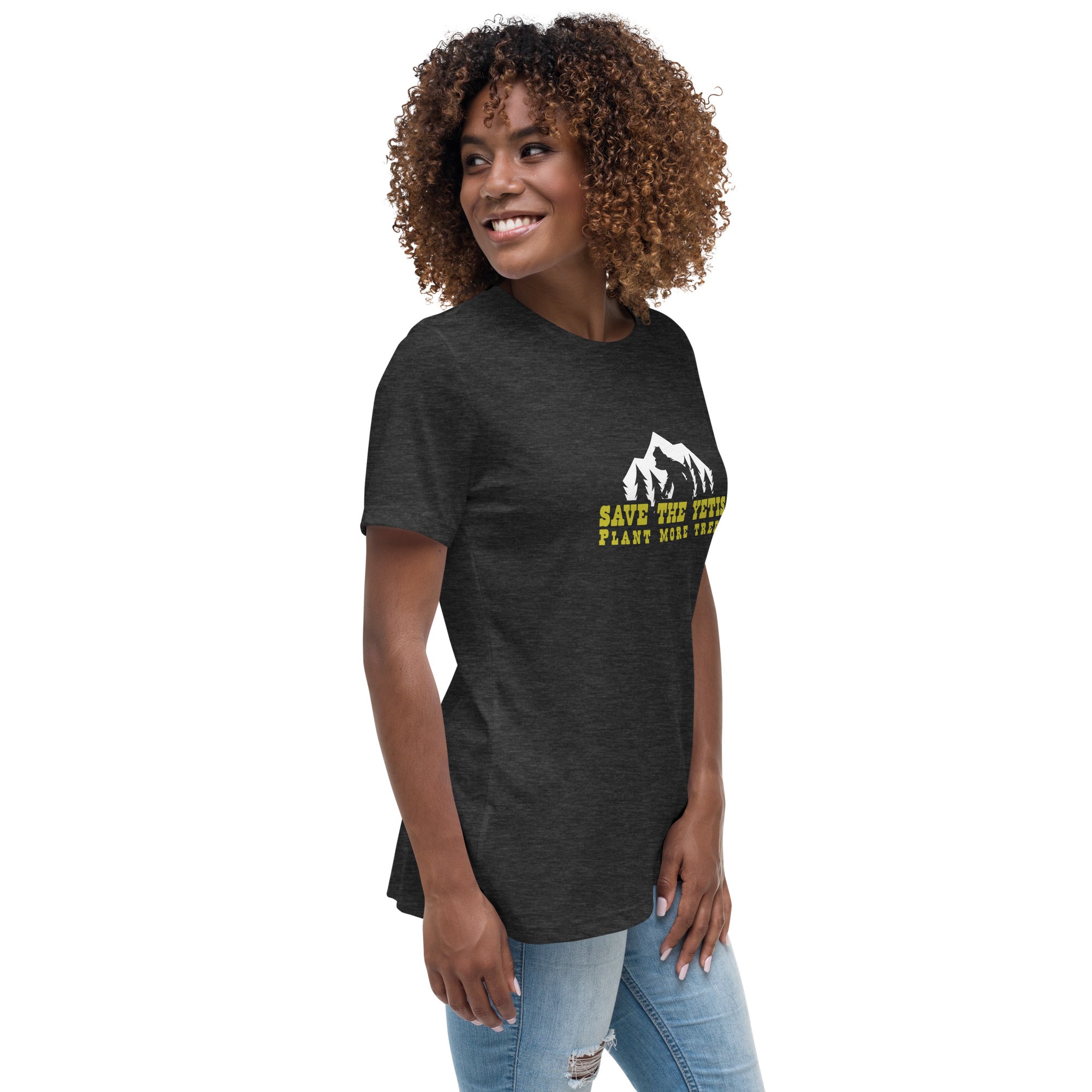 T-shirt décontracté pour femme Save the Yetis Plant more Trees sur couleurs foncées