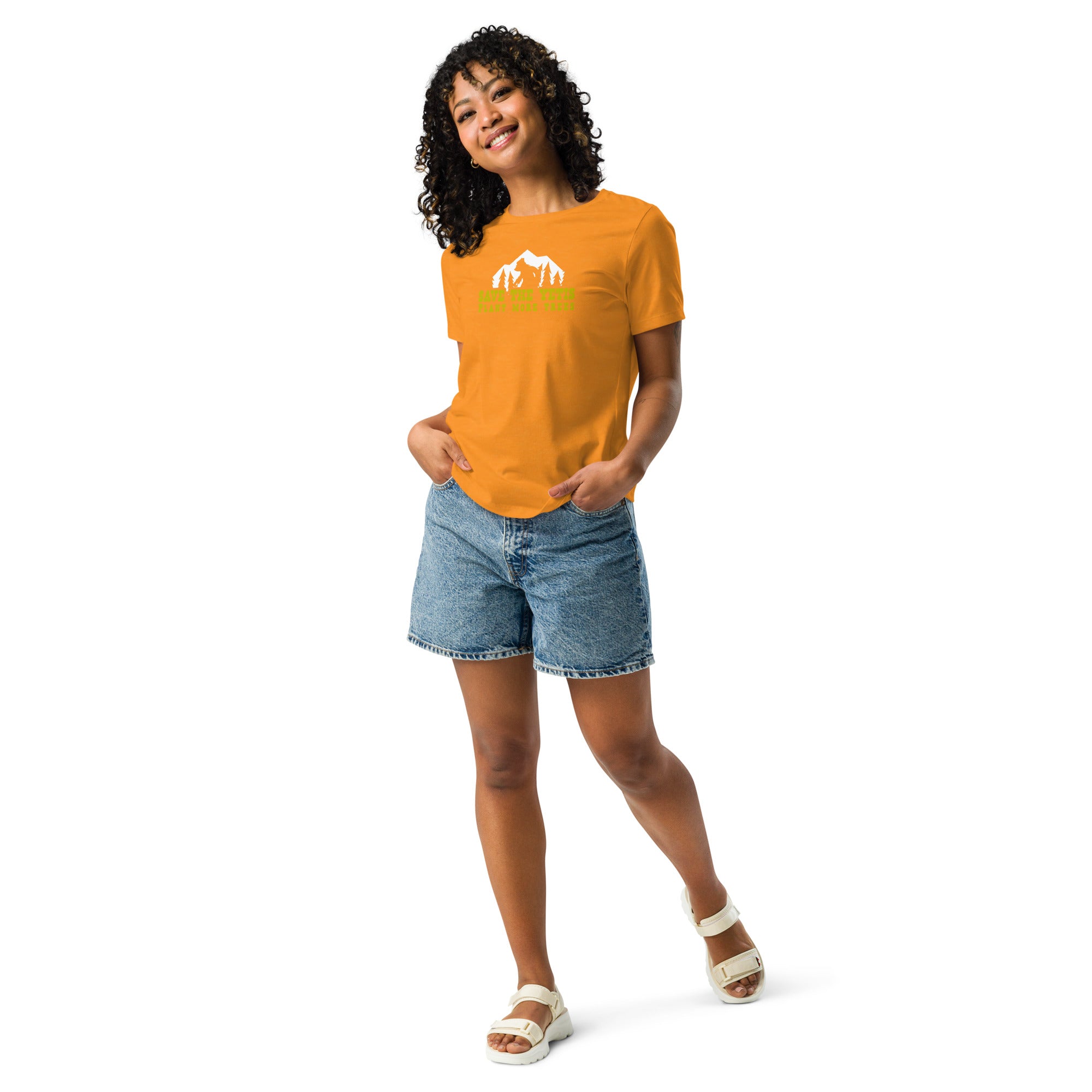 Women's Relaxed T-Shirt Save the Yetis Plant more Trees on bright colors