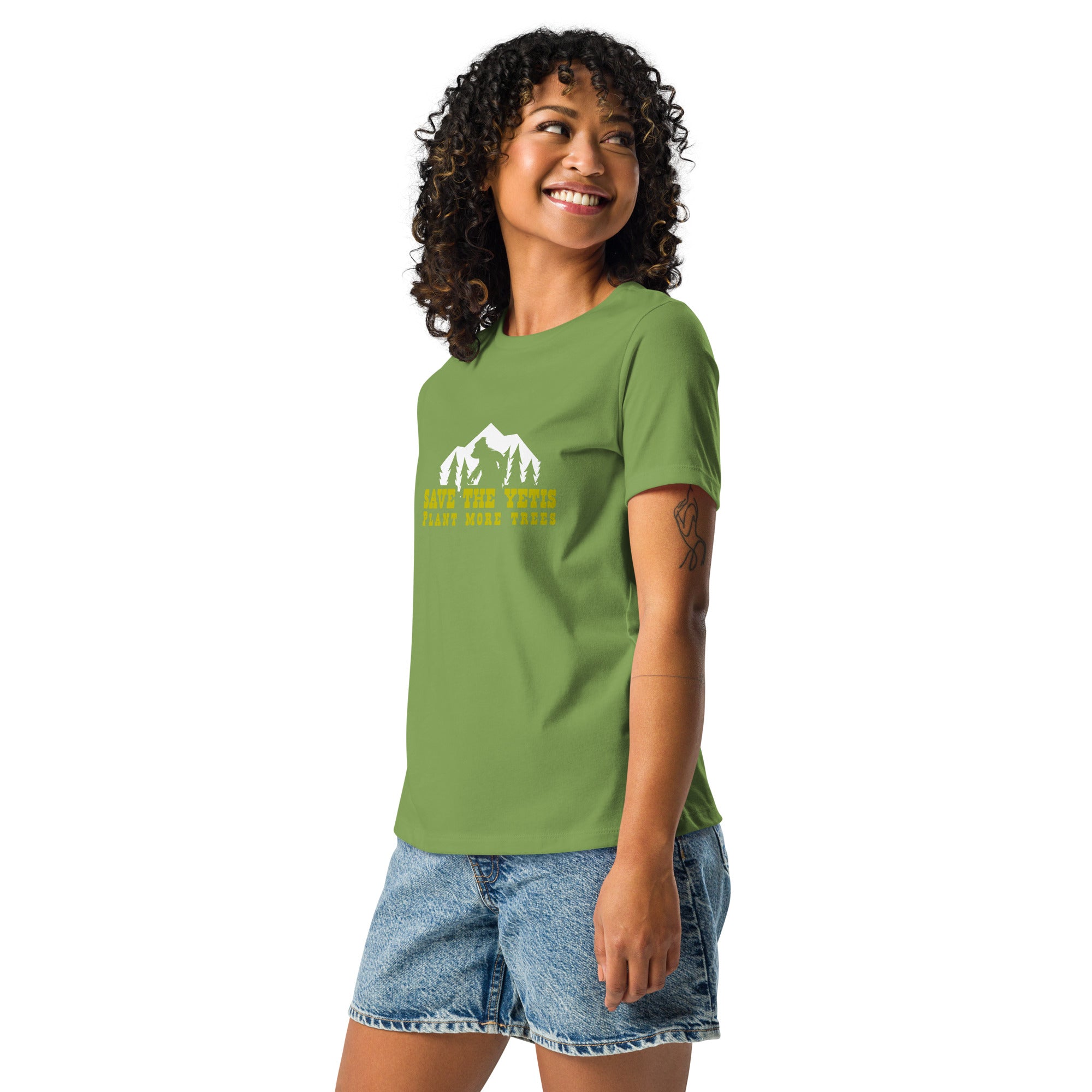 T-shirt décontracté pour femme Save the Yetis Plant more Trees sur couleurs foncées