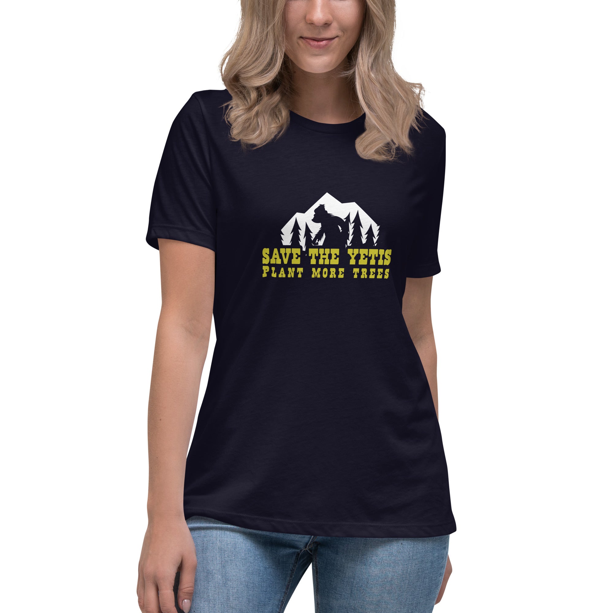 T-shirt décontracté pour femme Save the Yetis Plant more Trees sur couleurs foncées
