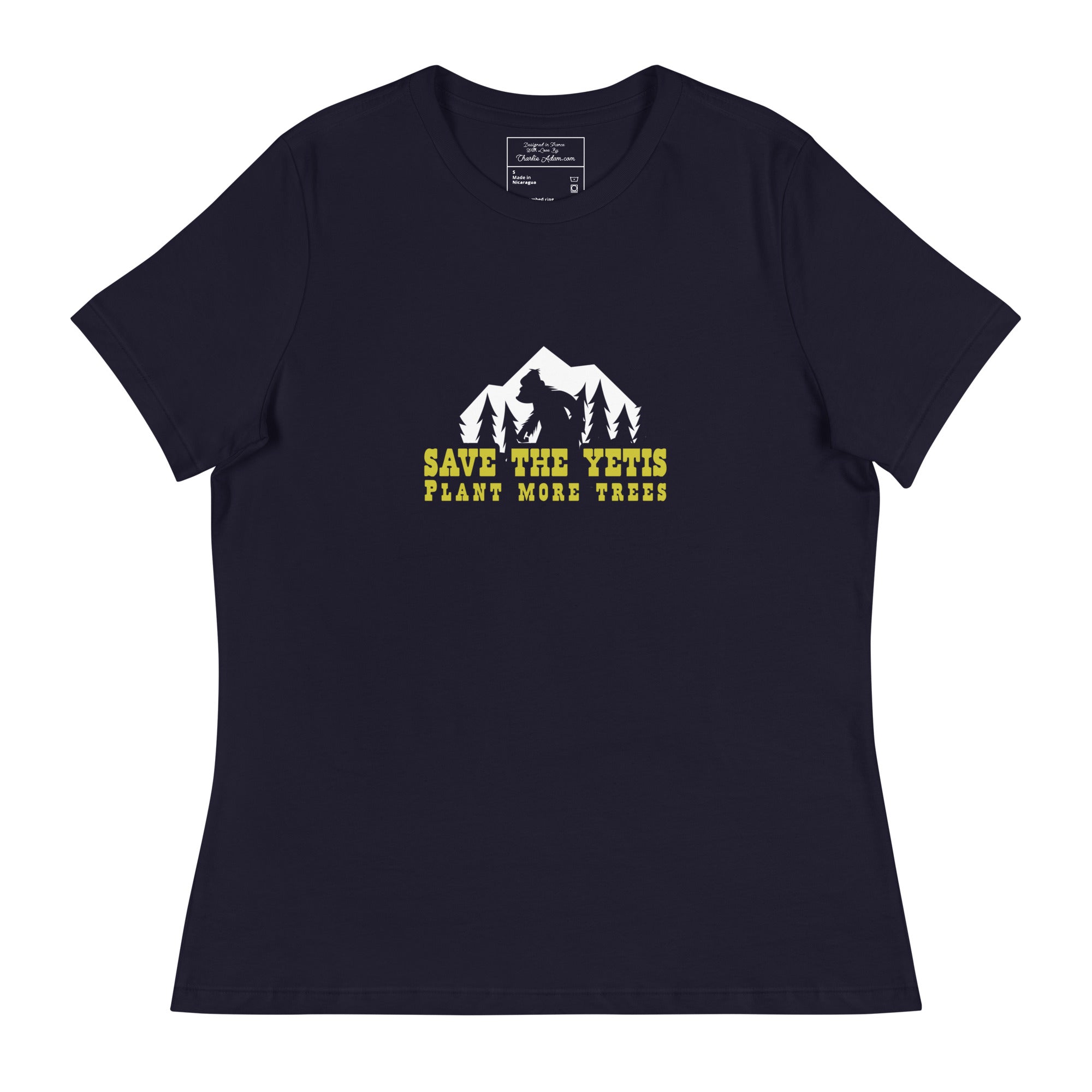T-shirt décontracté pour femme Save the Yetis Plant more Trees sur couleurs foncées