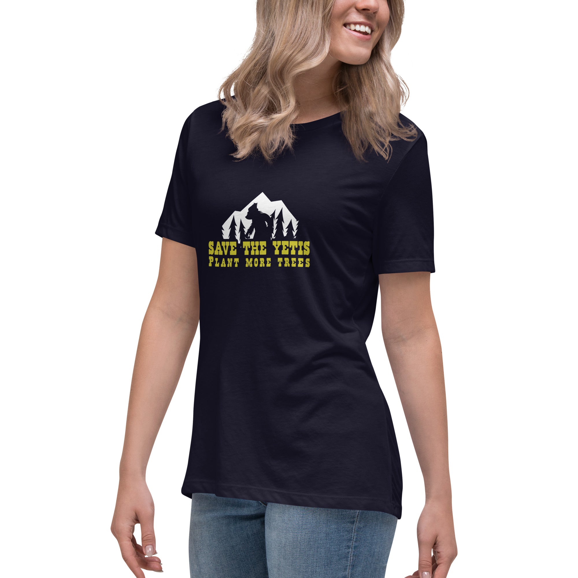 T-shirt décontracté pour femme Save the Yetis Plant more Trees sur couleurs foncées