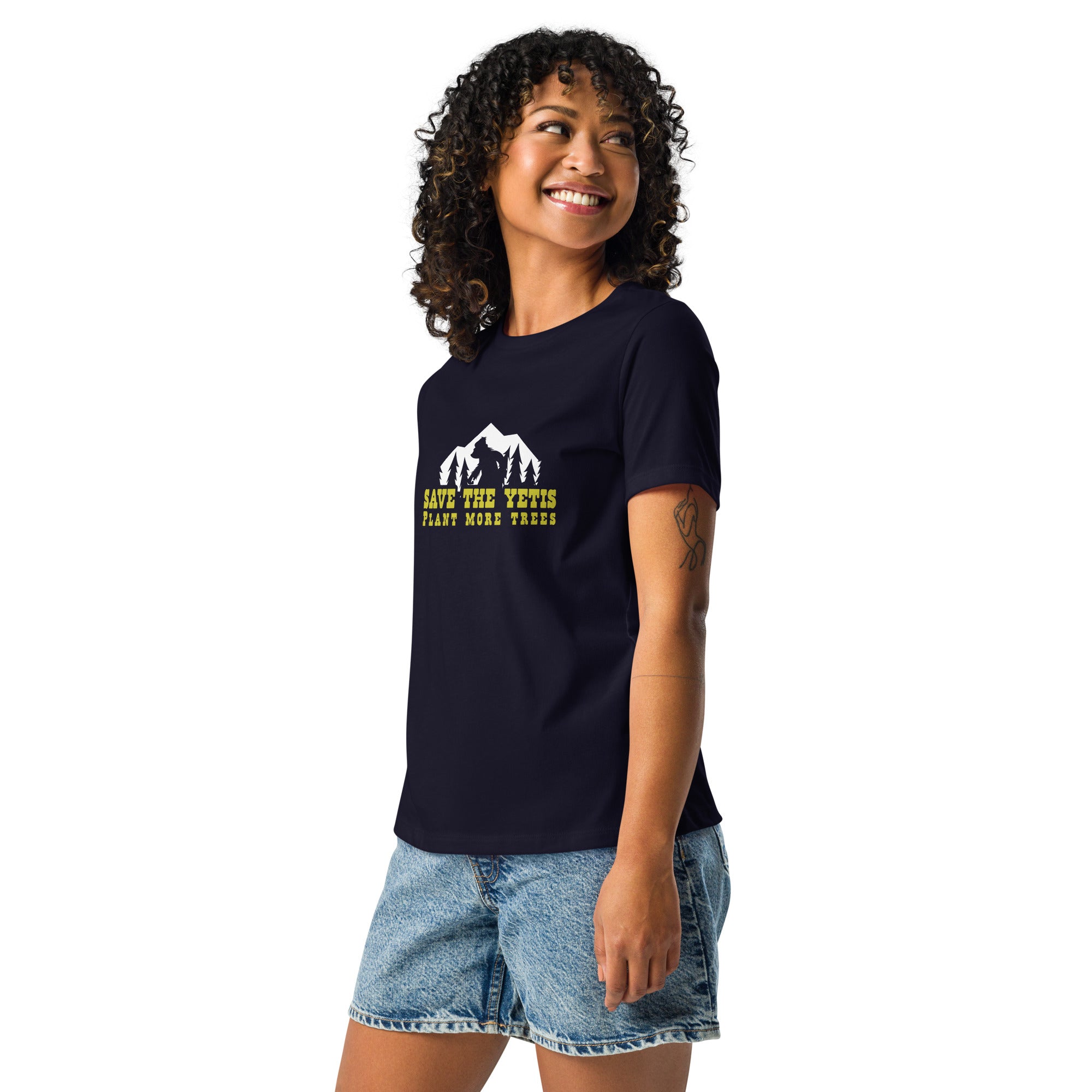 T-shirt décontracté pour femme Save the Yetis Plant more Trees sur couleurs foncées
