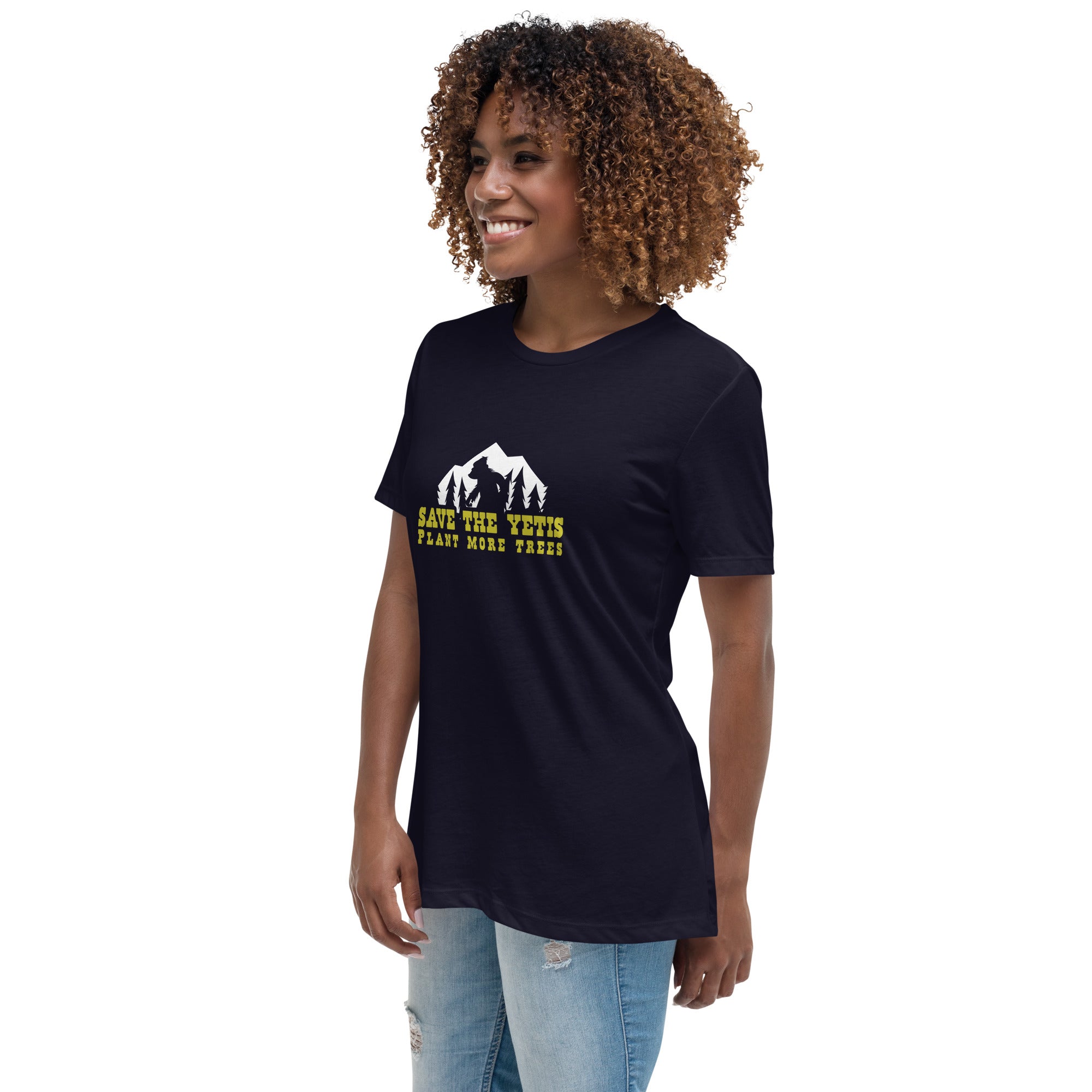 T-shirt décontracté pour femme Save the Yetis Plant more Trees sur couleurs foncées