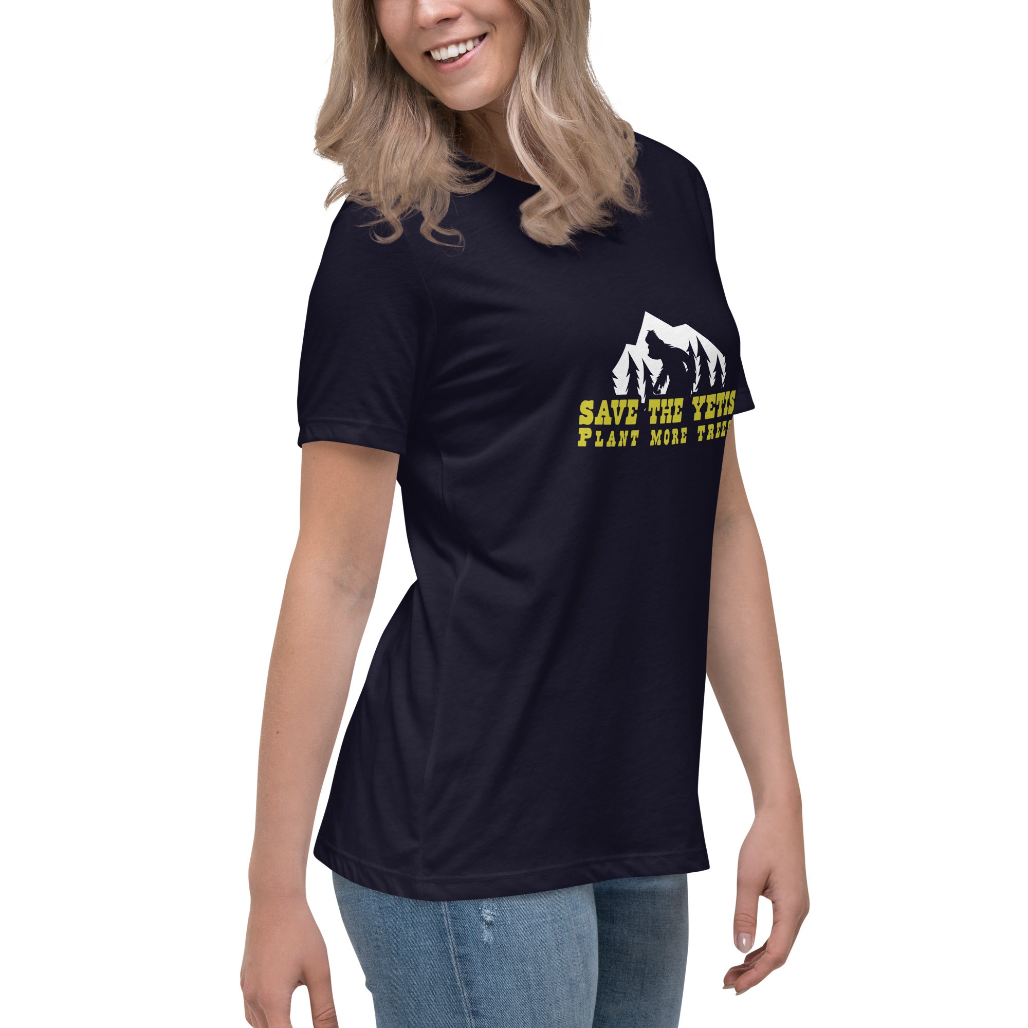 T-shirt décontracté pour femme Save the Yetis Plant more Trees sur couleurs foncées