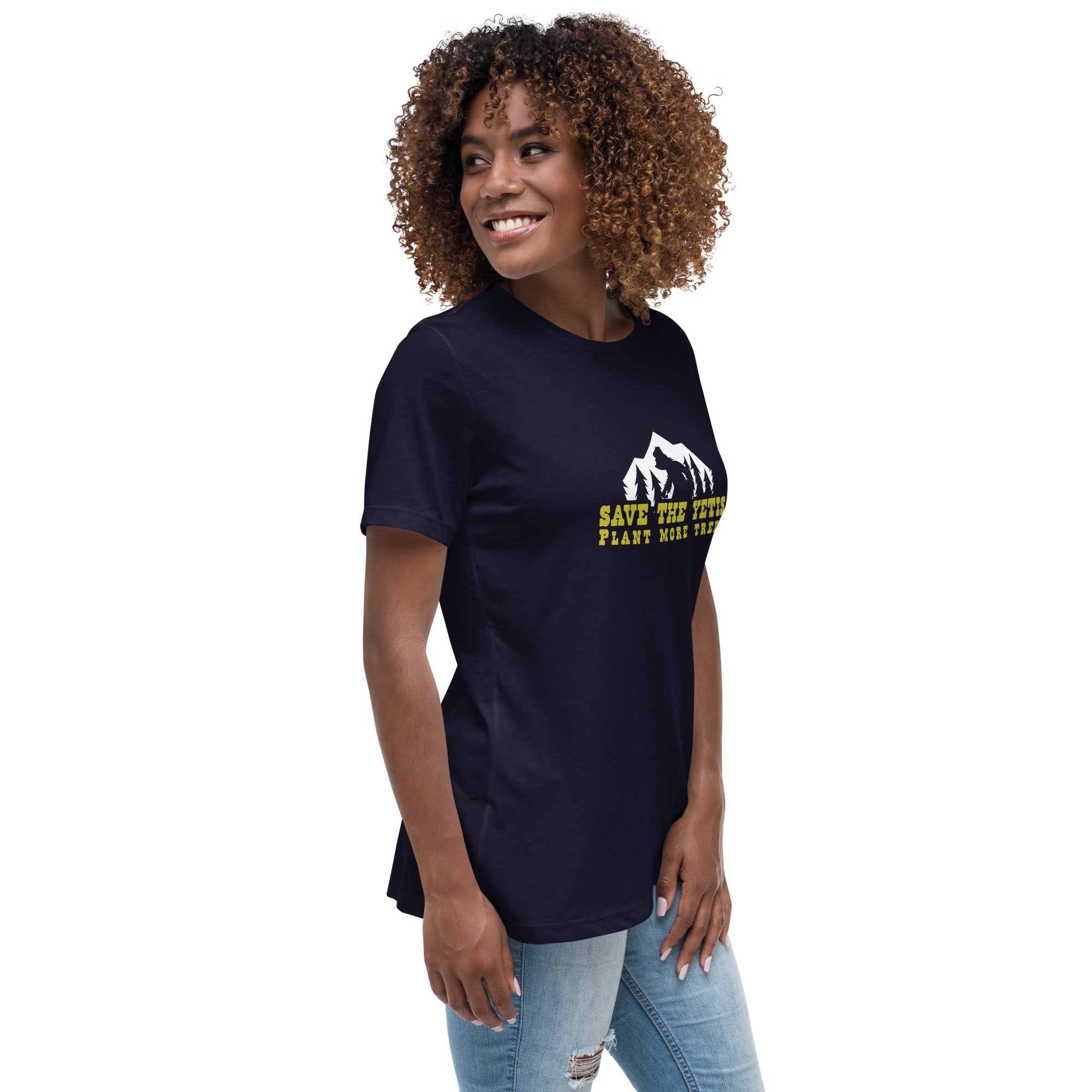 T-shirt décontracté pour femme Save the Yetis Plant more Trees sur couleurs foncées