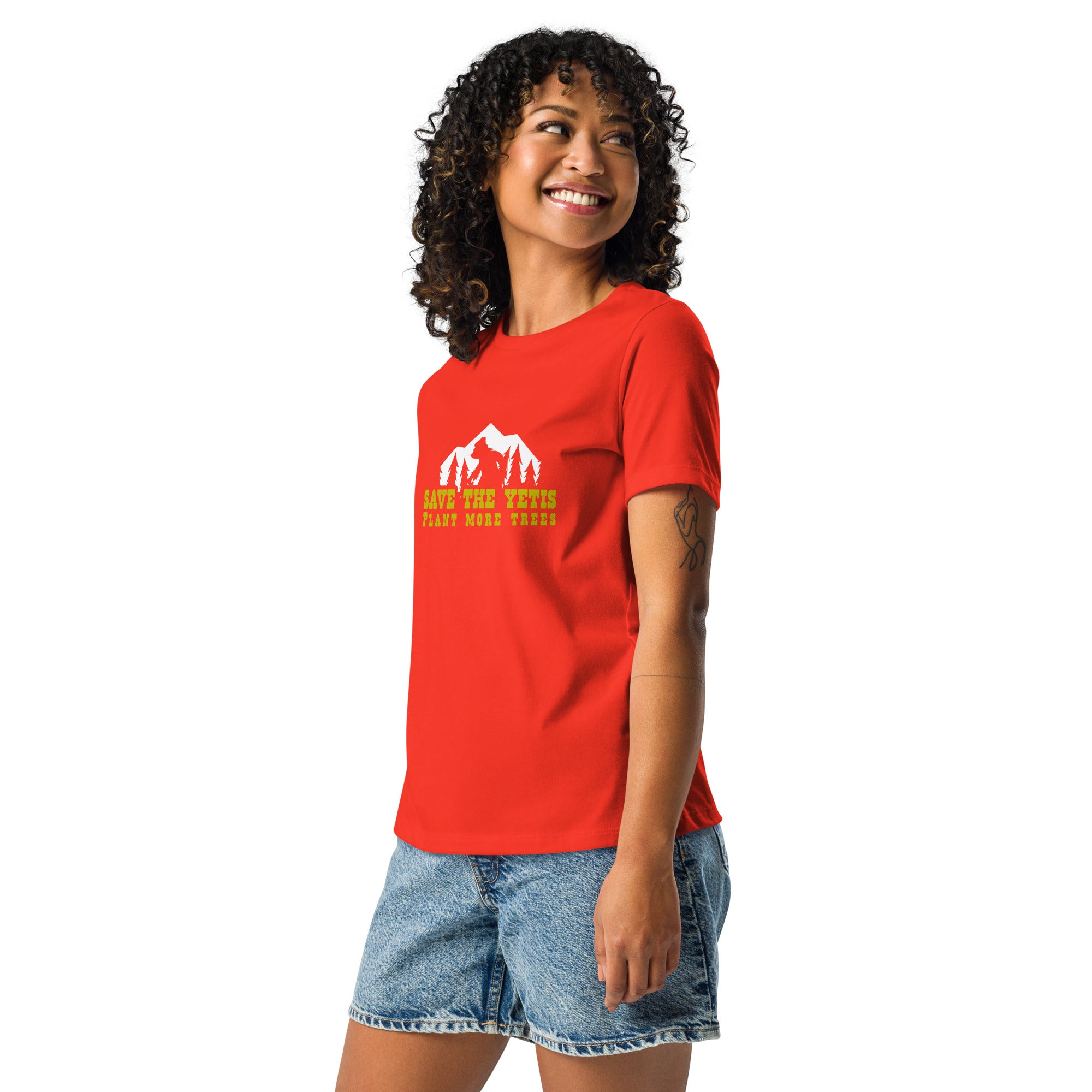 Women's Relaxed T-Shirt Save the Yetis Plant more Trees on bright colors