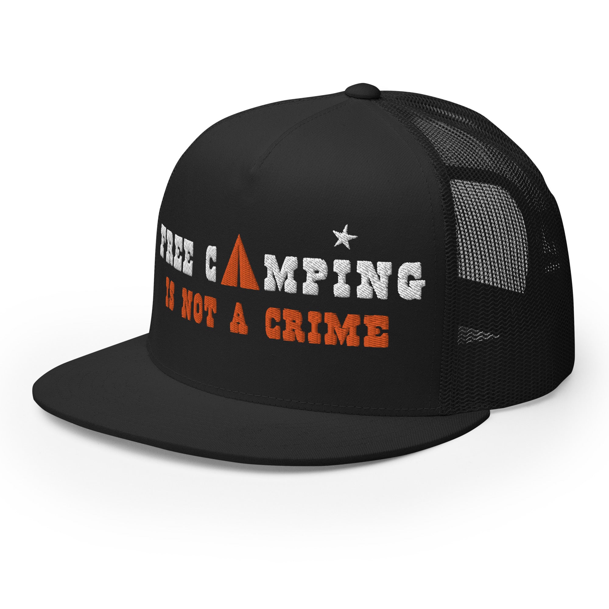 Casquette Trucker à visière plate Free camping is not a crime white/orange