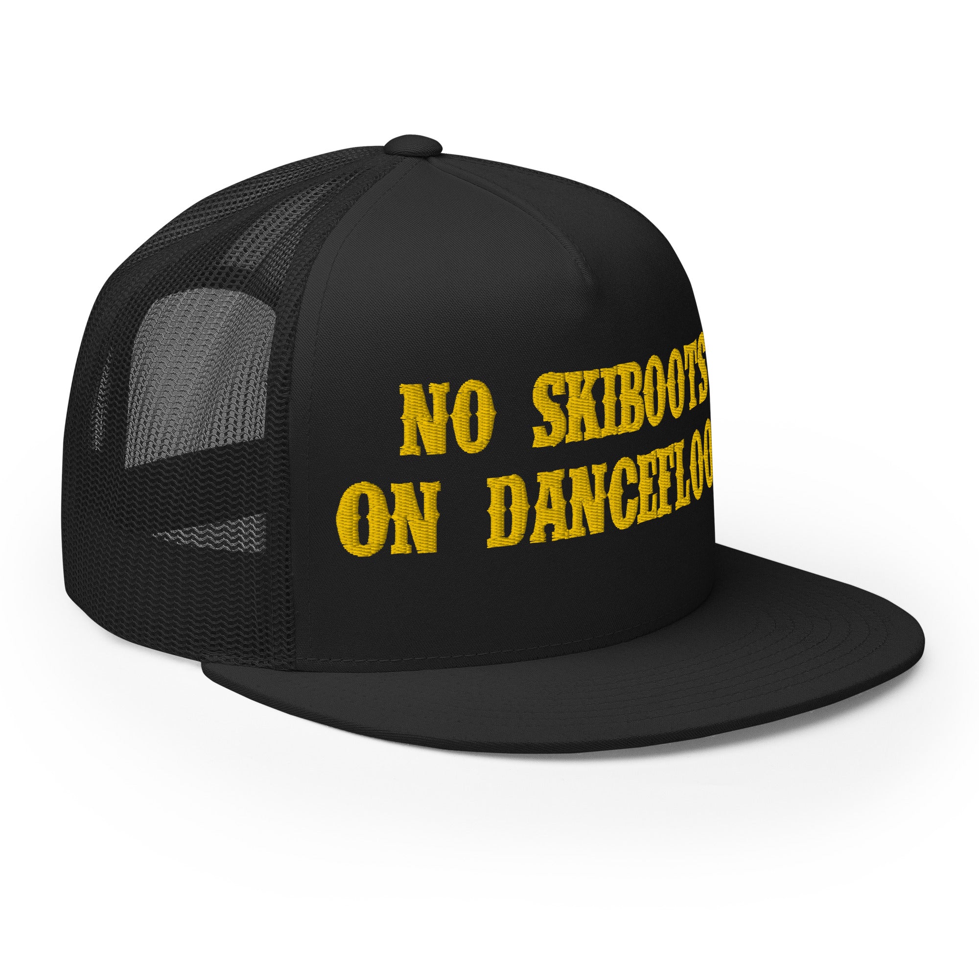 Casquette Trucker à visière plate No Skiboots on Dancefloor Gold grand motif brodé