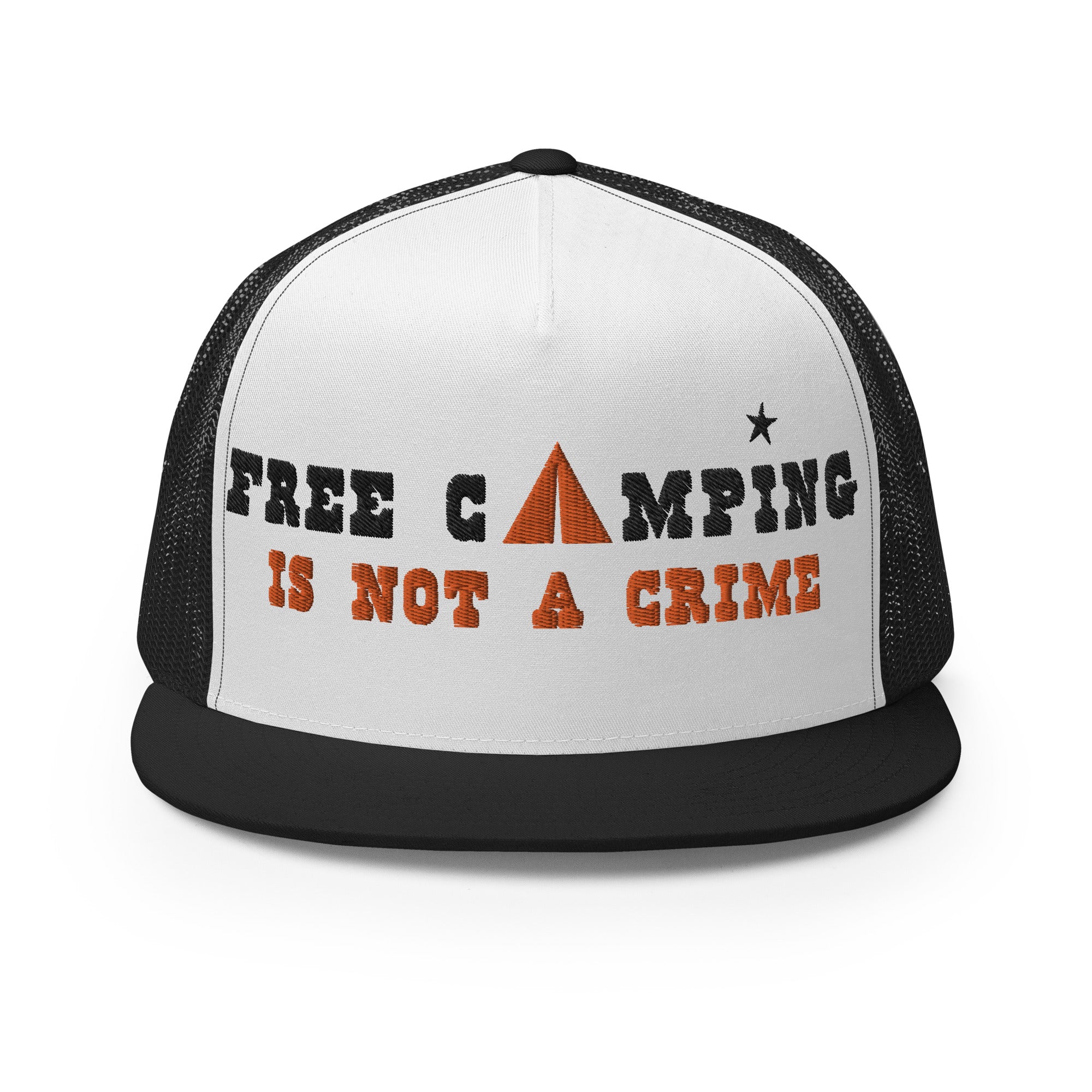 Casquette Trucker bicolore à visière plate Free camping is not a crime black/orange