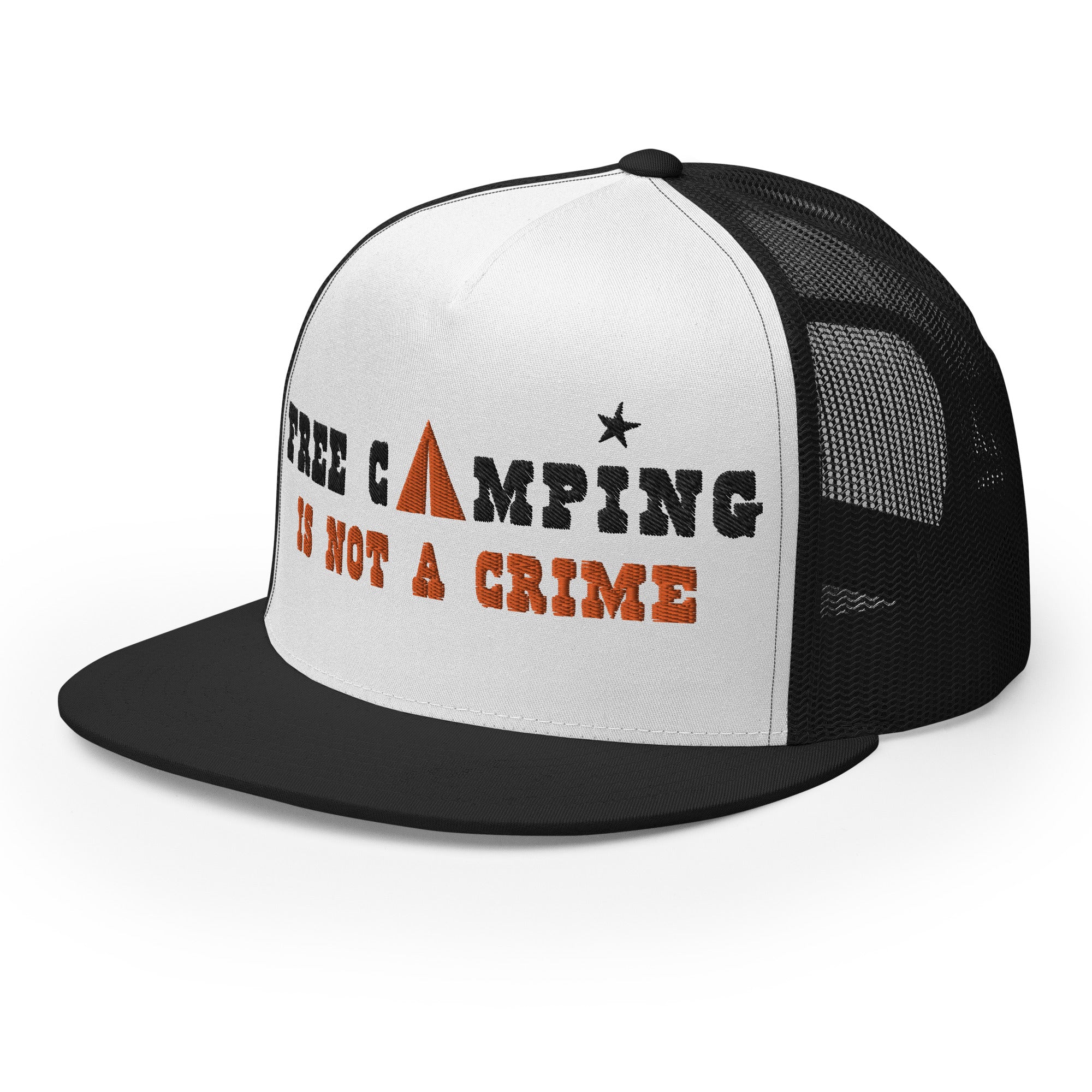 Casquette Trucker bicolore à visière plate Free camping is not a crime black/orange