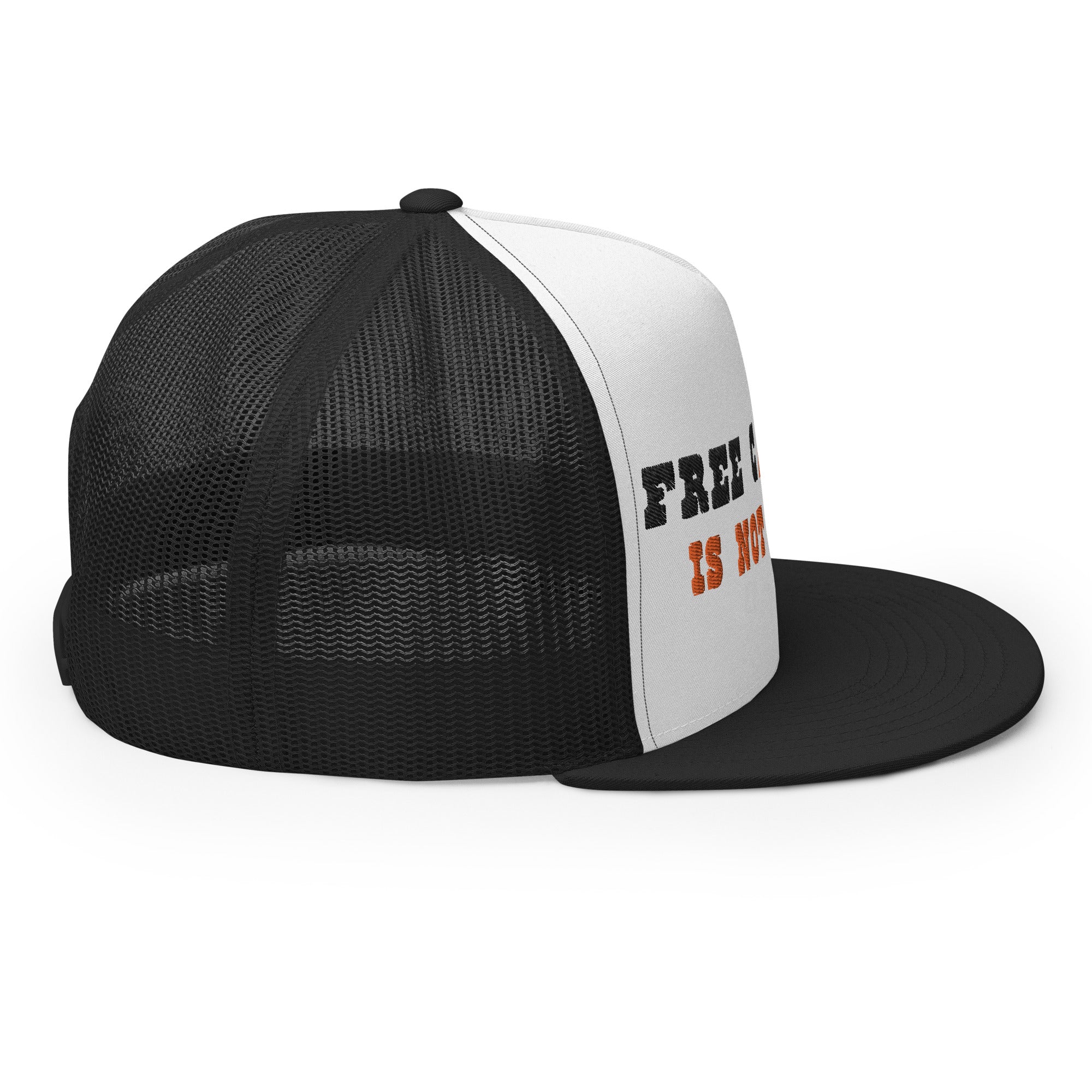 Casquette Trucker bicolore à visière plate Free camping is not a crime black/orange