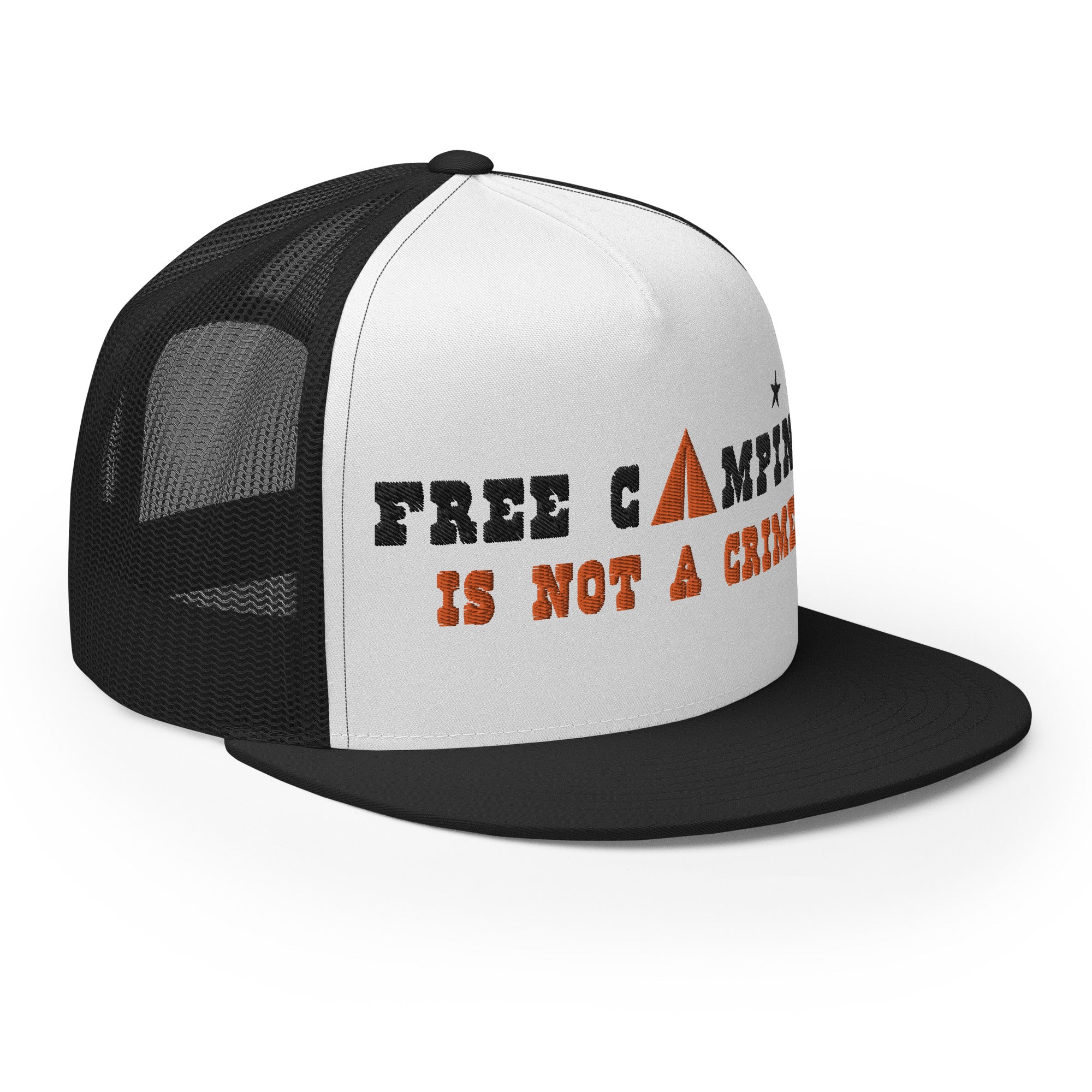 Casquette Trucker bicolore à visière plate Free camping is not a crime black/orange